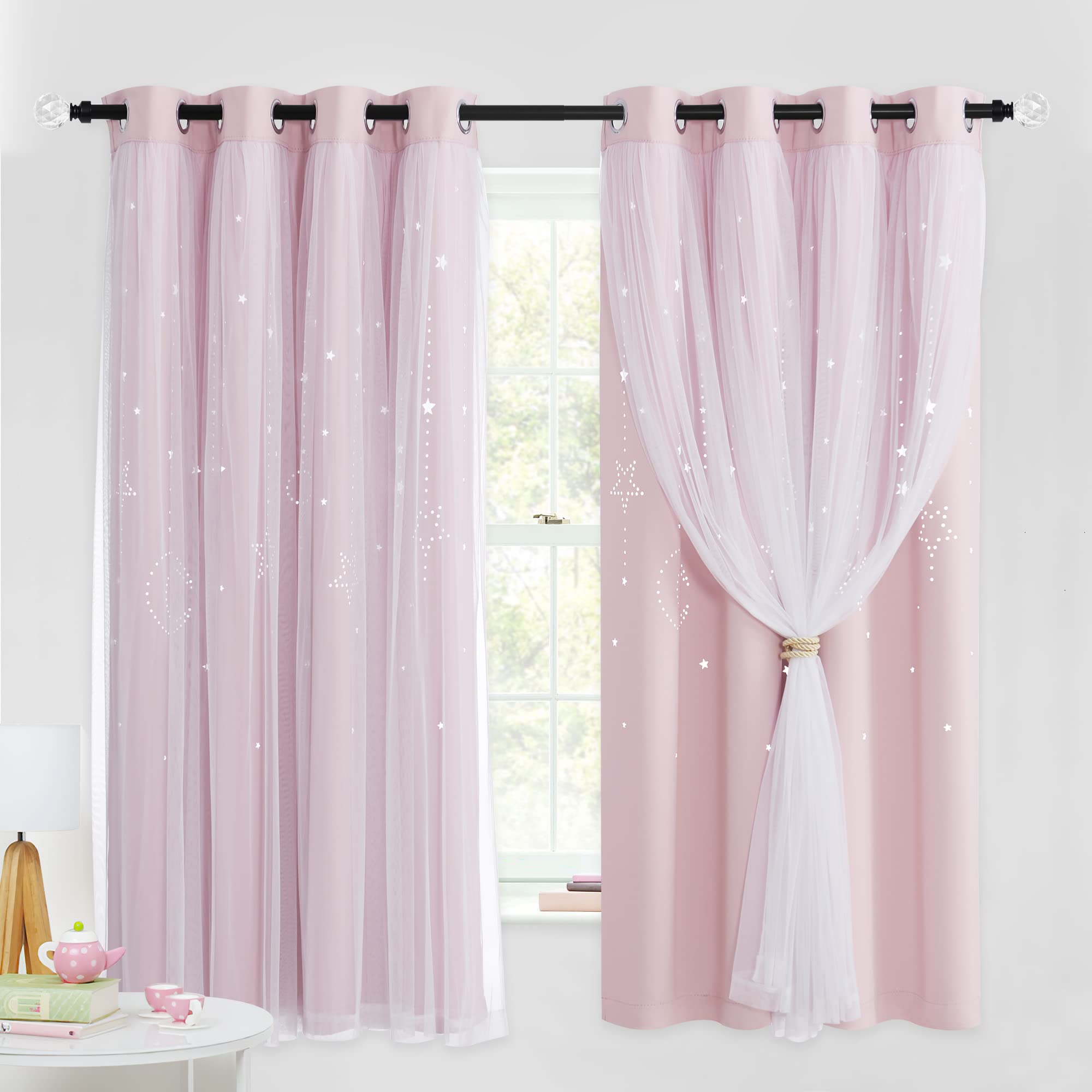 NICETOWN Blackout Curtains with Sheer Voile - Moon and Stars Cutout Design, Noise Reducing Window Drapes for Girls Room & Nursery, 1 Pair (52