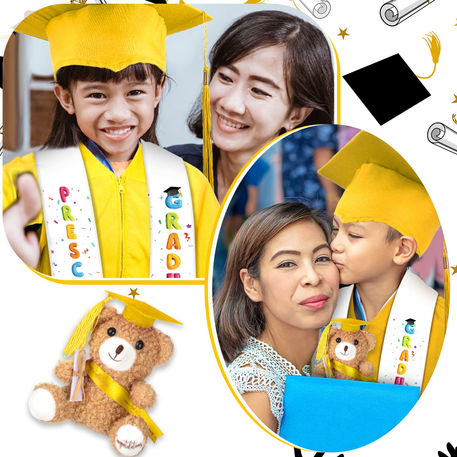 24-Piece Preschool Graduation Cap & Gown Set with Stole and Plush Bear - Bulk Kids Graduation Costumes for Kindergarten Ceremony, Photo Shoot & Party Celebration