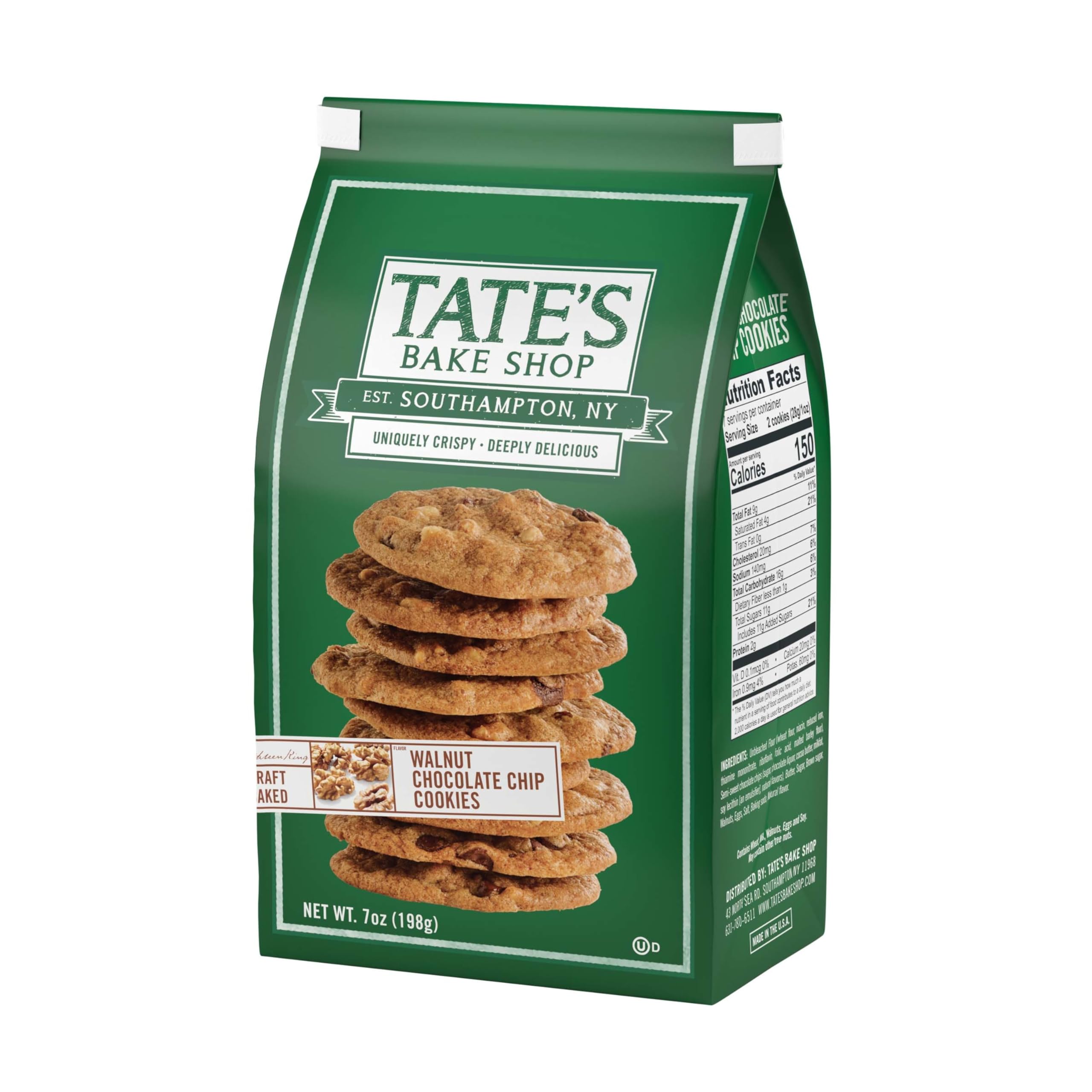 Tate's Bake Shop Walnut Chocolate Chip Cookies - 7 oz Pack | Crunchy Homemade Style Cookies with Walnuts & Chocolate Chips | Perfect for Snacking, Gifts & Party Desserts