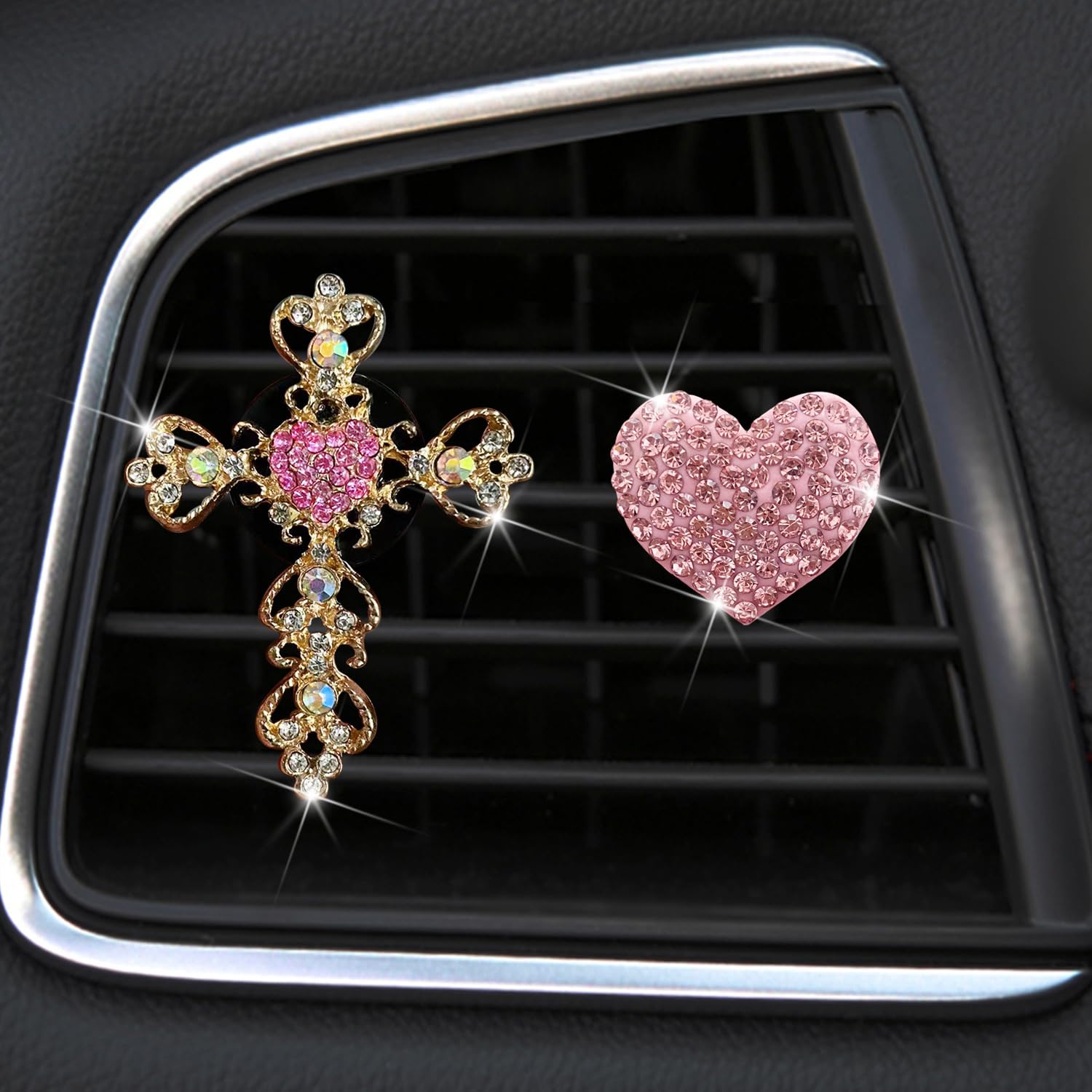 2 Pack Crystal Cross & Heart Car Vent Clip Air Freshener - Bling Diamond Car Accessories for Women, Pink Car Diffuser Vent Clip Decor - Perfect for Daily Commute & Road Trips
