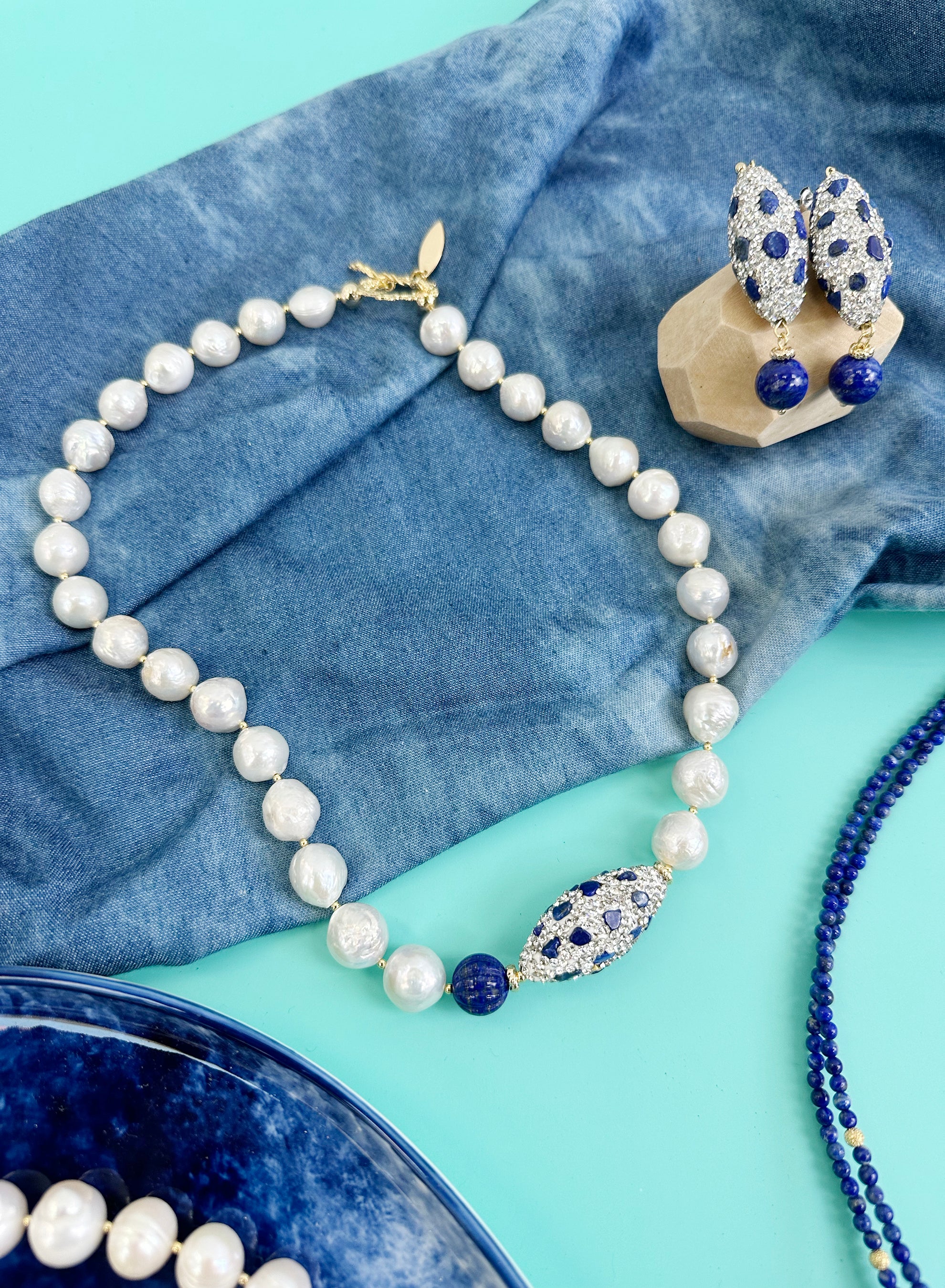 Elegant Lapis Rhinestone & Freshwater Pearl Statement Necklace JN027 - Perfect for Evening Parties, Weddings, and Special Occasions