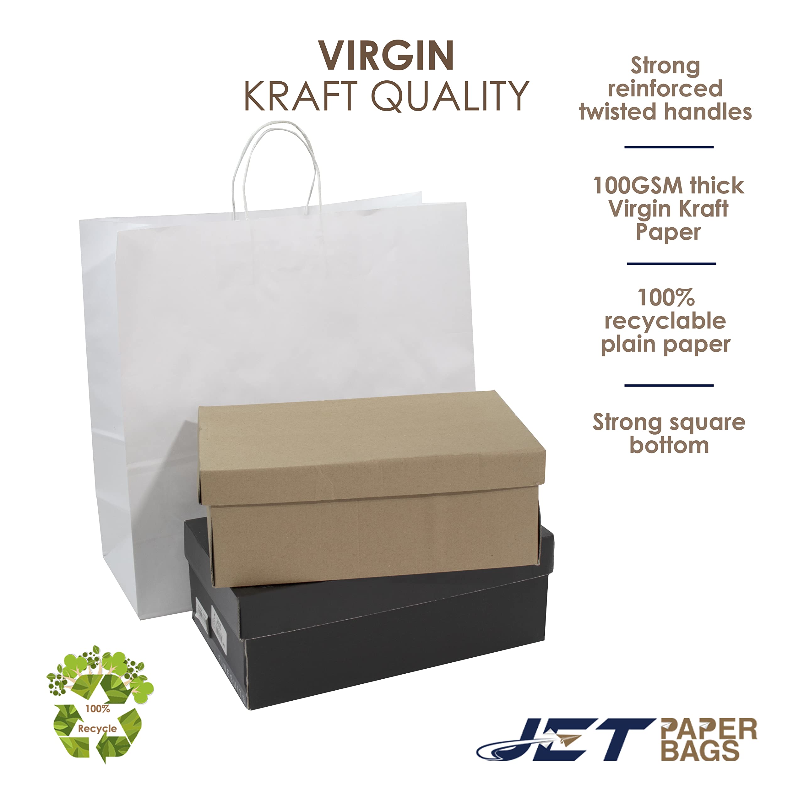 JET PAPER BAGS - 18x7x18 Inch Large White Kraft Paper Bags with Handles (100 Pack) - Eco-Friendly Recyclable Gift Bags for Takeout, Grocery, Retail, Parties, Weddings & Gifts | Perfect for Shopping, Gift Wrapping & Event Favors
