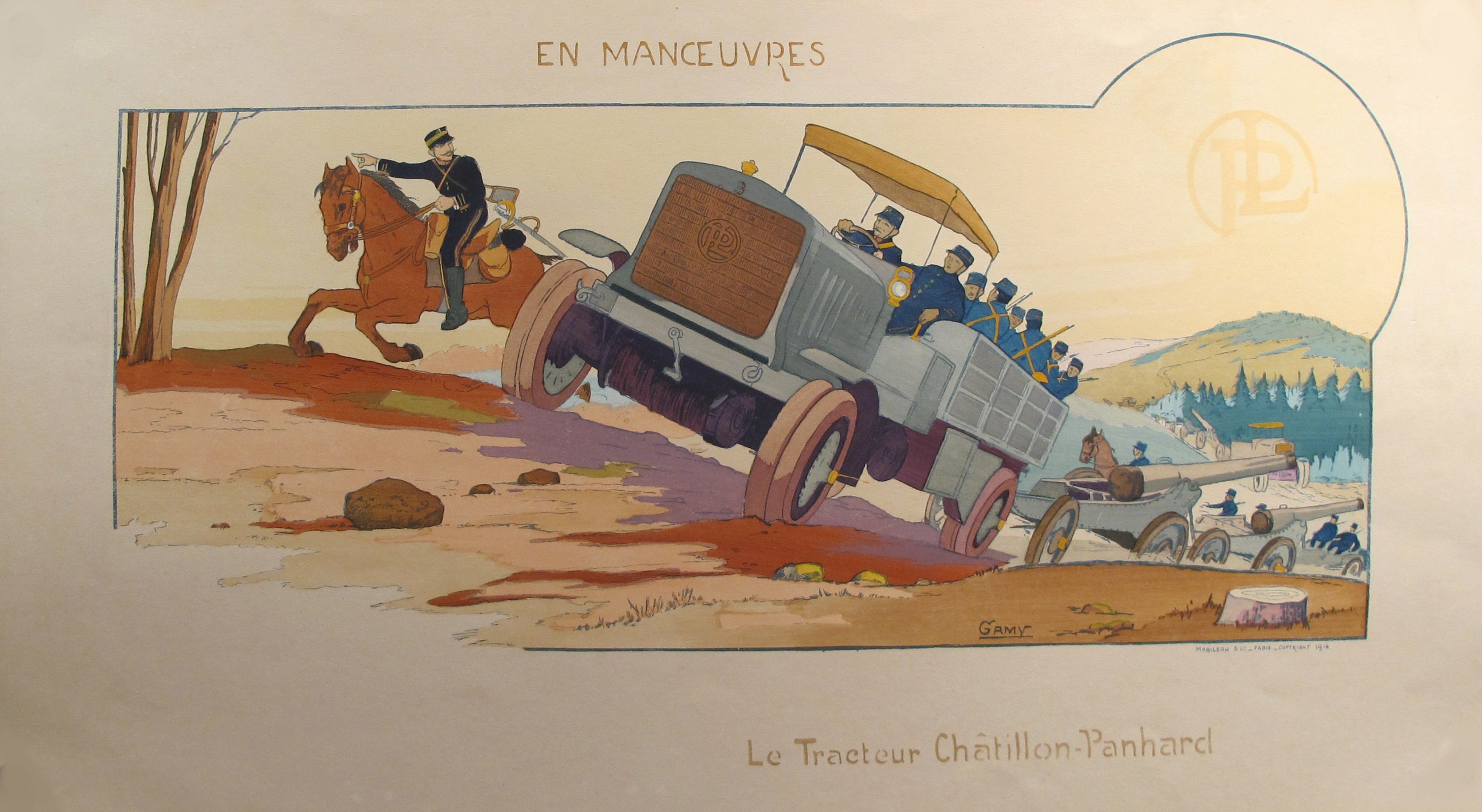 1914 Original French Art Deco Poster - En Manoeuvres/Tracteur Chatillon by Gamy | Vintage Military & Tractor Art | Perfect for Home Decor, Office & Art Collections
