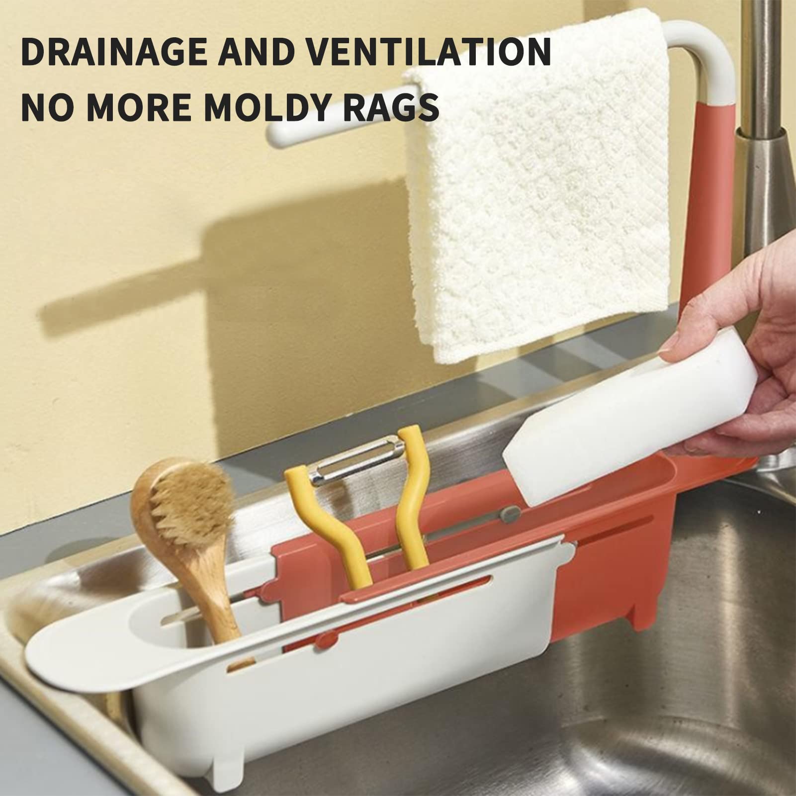 Stainless Steel Retractable Kitchen Sink Organizer - Expandable Drain Rack, Dish Towel & Sponge Holder for Countertop - Perfect for Small Kitchen Organization & Space Saving