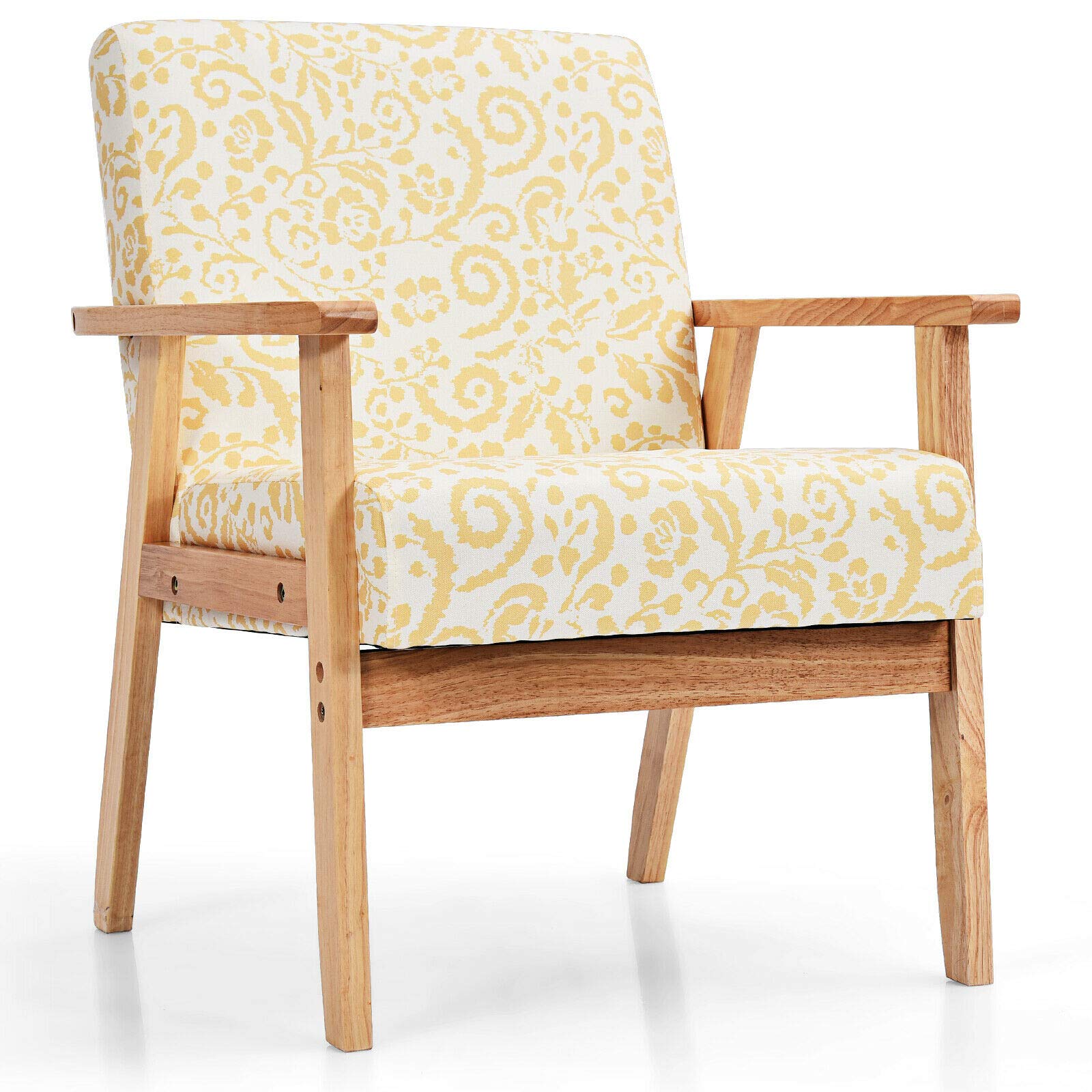 2PCS Yellow Floral Accent Chairs - Upholstered Armchairs with Thick Cushions, Ergonomic Armrests & Non-Slip Foot Pads - Solid Rubberwood Lounge Chairs for Living Room, Study, Balcony, Office & Reading Nook Decor
