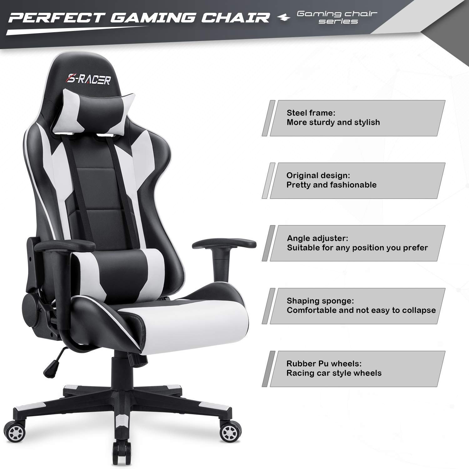 Furniwell Ergonomic Gaming Chair - High Back PU Leather Office Chair with Adjustable Headrest & Lumbar Support, Swivel Computer Desk Chair for Home & Office Use (White) - Perfect for Gaming, Working & Studying