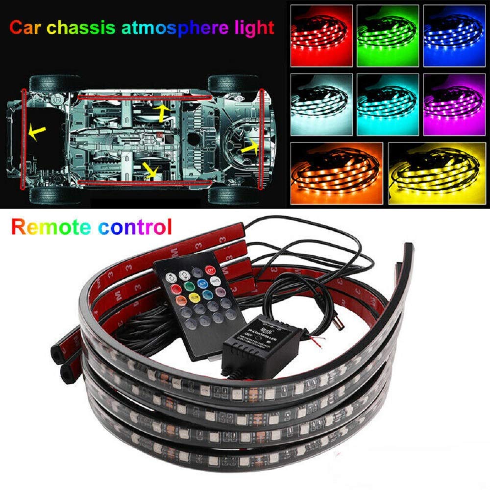 4pcs Car LED Strip Light Kit - 2x90cm + 2x120cm RGB Voice Control Interior & Exterior Car Lighting with Chassis Atmosphere Lights | Perfect for Car Decoration, Night Driving & Party Ambience
