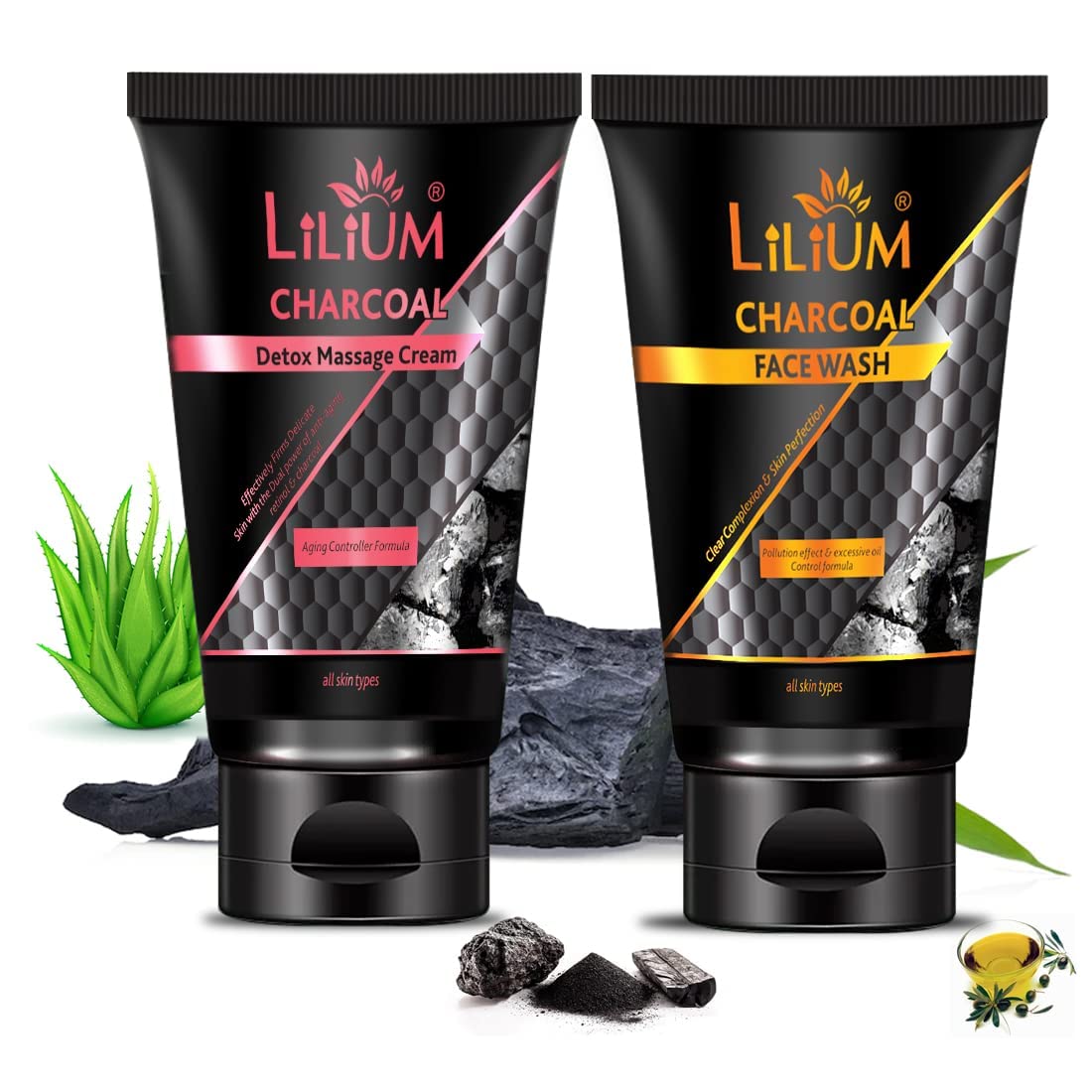 Lilium Charcoal Face Wash & Detox Massage Cream Set - 2 x 100ml Deep Cleansing Pore Minimizer for Oily & Acne-Prone Skin - Perfect for Daily Skincare Routine & Spa Night