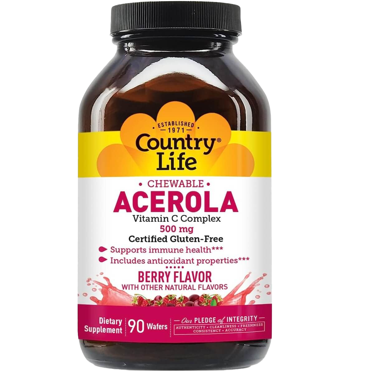 Country Life Chewable Acerola 500mg Vitamin C - 90 Natural Berry Flavor Wafers for Immune Support & Antioxidant Boost - Perfect for Travel, Work & Daily Wellness