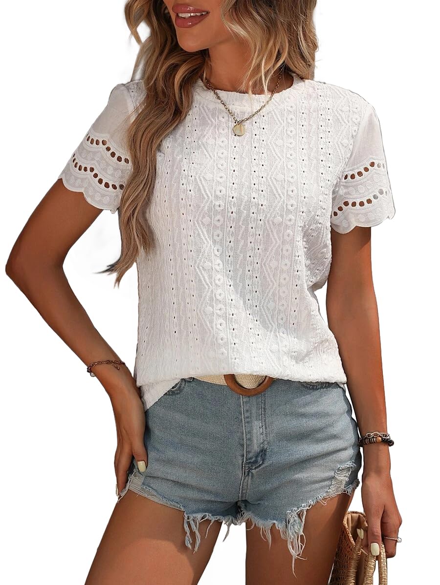 Narecte Women's Summer Tops - Eyelet Embroidery Short Sleeve T-Shirts with Scallop Trim, Casual & Dressy Blouses for Women | Perfect for Office, Date Night & Summer Outings