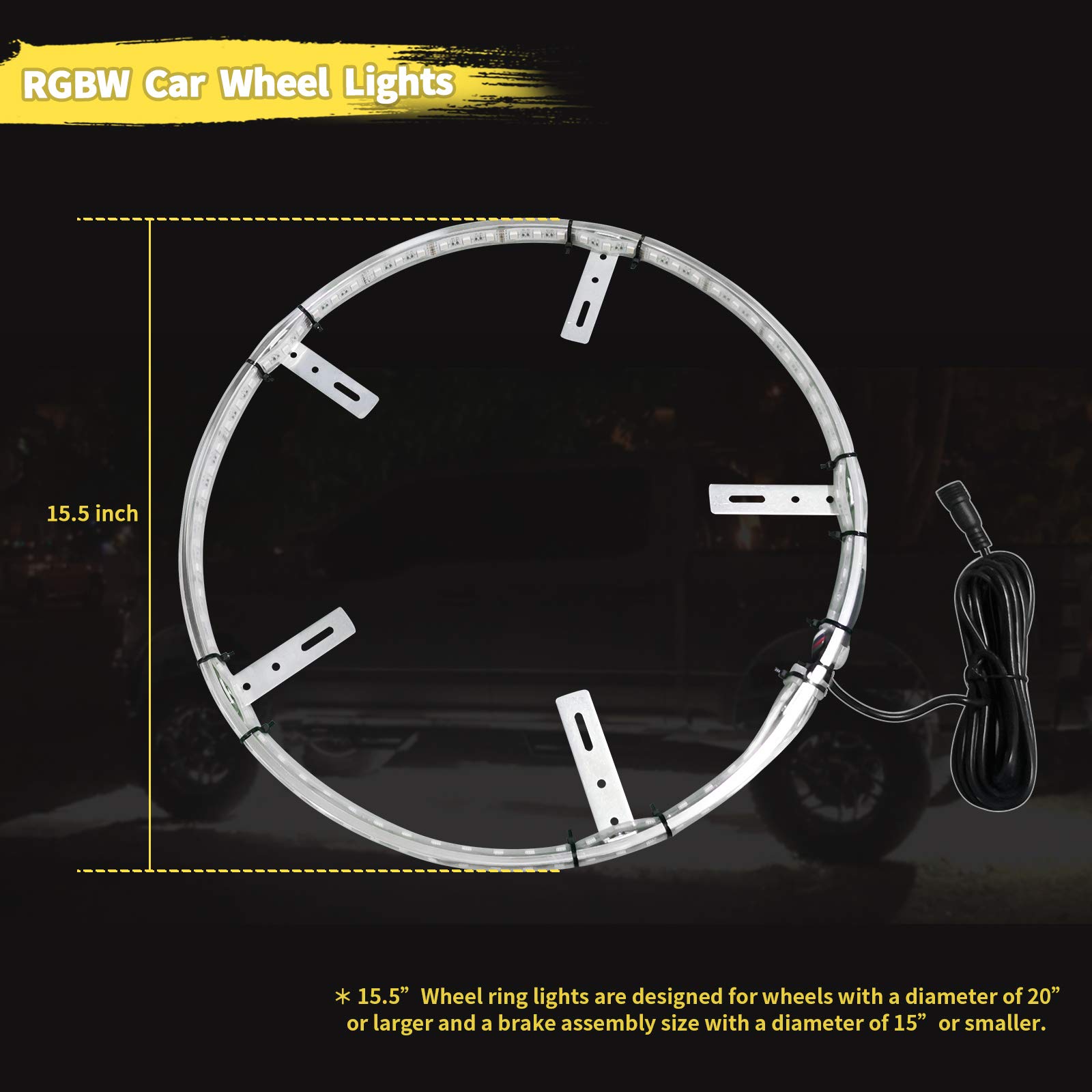 15.5in 144LED RGBW Auto Wheel Ring Lights - Brightest Multi-Color LED Rim Lights with RF Remote & App Control for Trucks & Cars | Enhance Night Driving & Car Shows