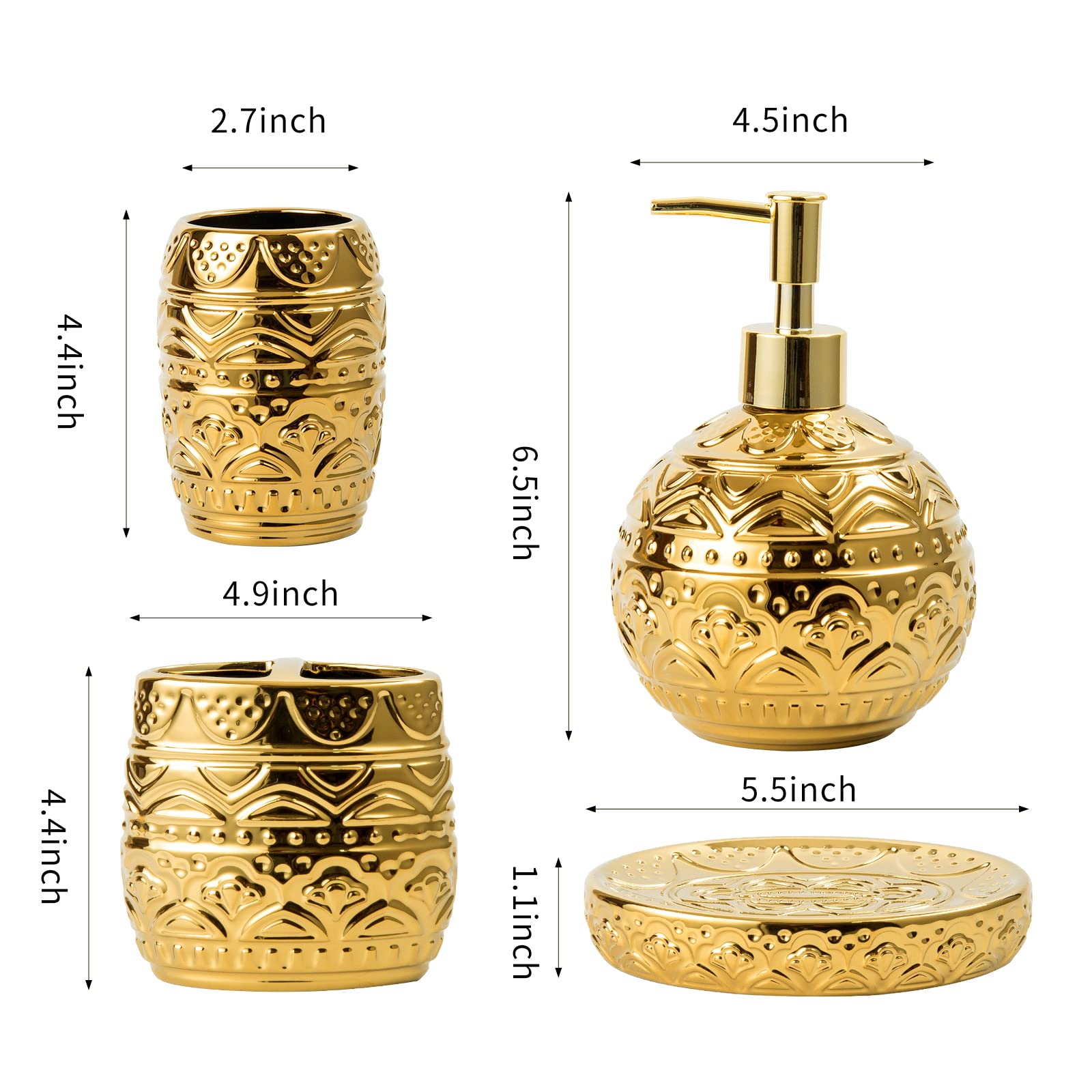 5-Piece Gold Ceramic Bathroom Accessories Set - Toothbrush Holder, Cup, Soap Dispenser, Soap Dish & Trash Can - Elegant Home Decor for Modern Bathrooms