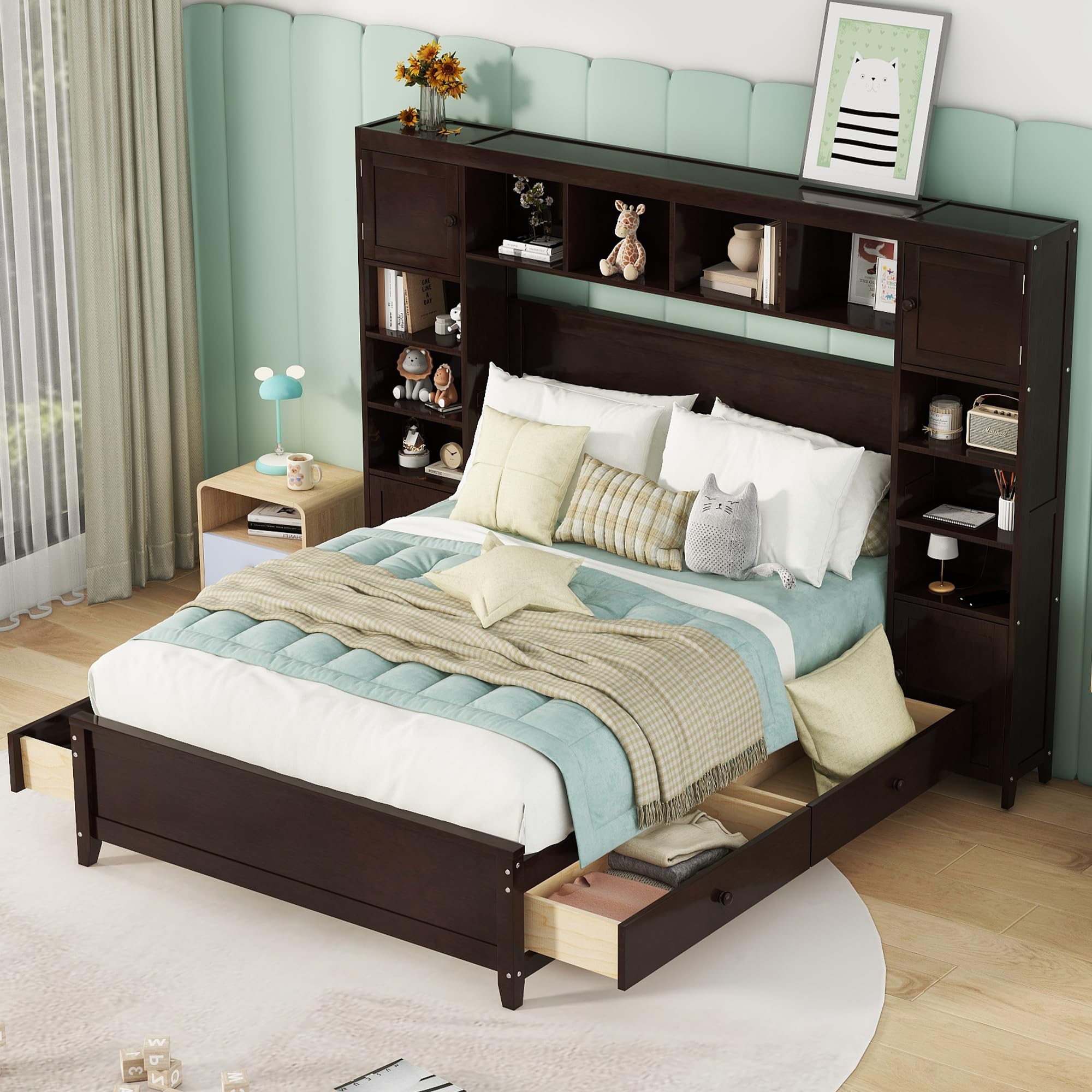 Full Size Wooden Platform Bed Frame with Storage Drawers, Cabinet & Shelves - All-in-One Panel Bed with Headboard & Slats Support (No Box Spring Needed) - Espresso Finish - Perfect for Small Bedrooms, Guest Rooms & Space-Saving Solutions