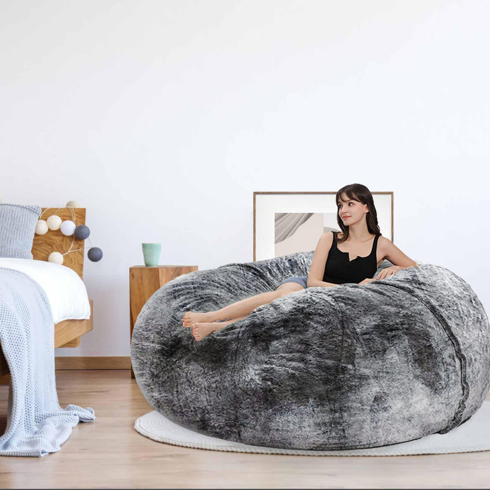 **6FT Giant Fluffy Bean Bag Chair for Adults & Kids - Comfy Round Lazy Sofa Cover Without Filling - Perfect for Reading, Gaming & Lounging - Black**