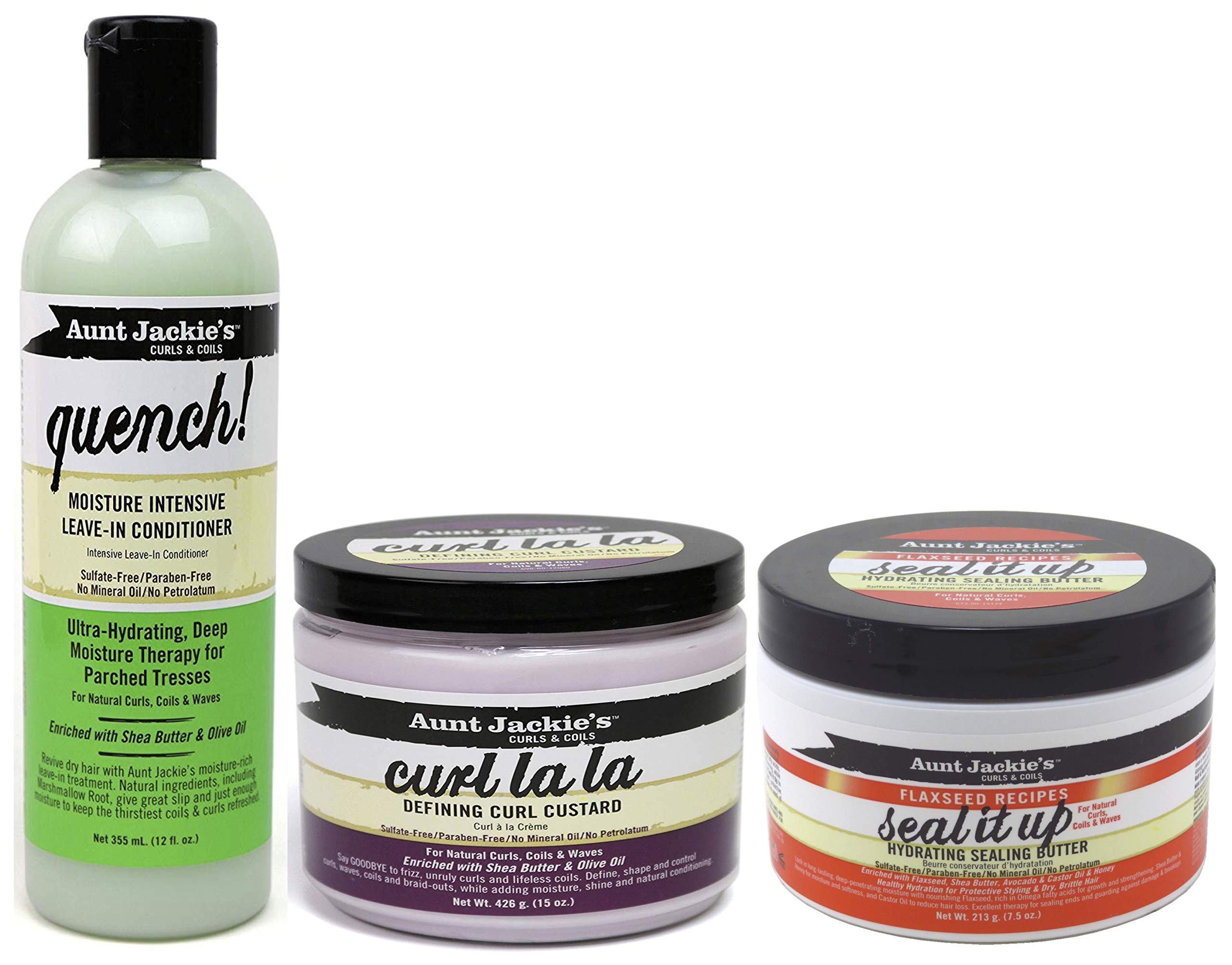 Aunt Jackie's Curls & Coils Trio Bundle - Quench Leave-In Conditioner (12oz), Curl La La Defining Custard (15oz), Seal It Up Hydrating Sealing Butter (7.5oz) for Natural Hair Care & Defined Curls | Perfect for Wash Day, Twist Outs & Protective Styles
