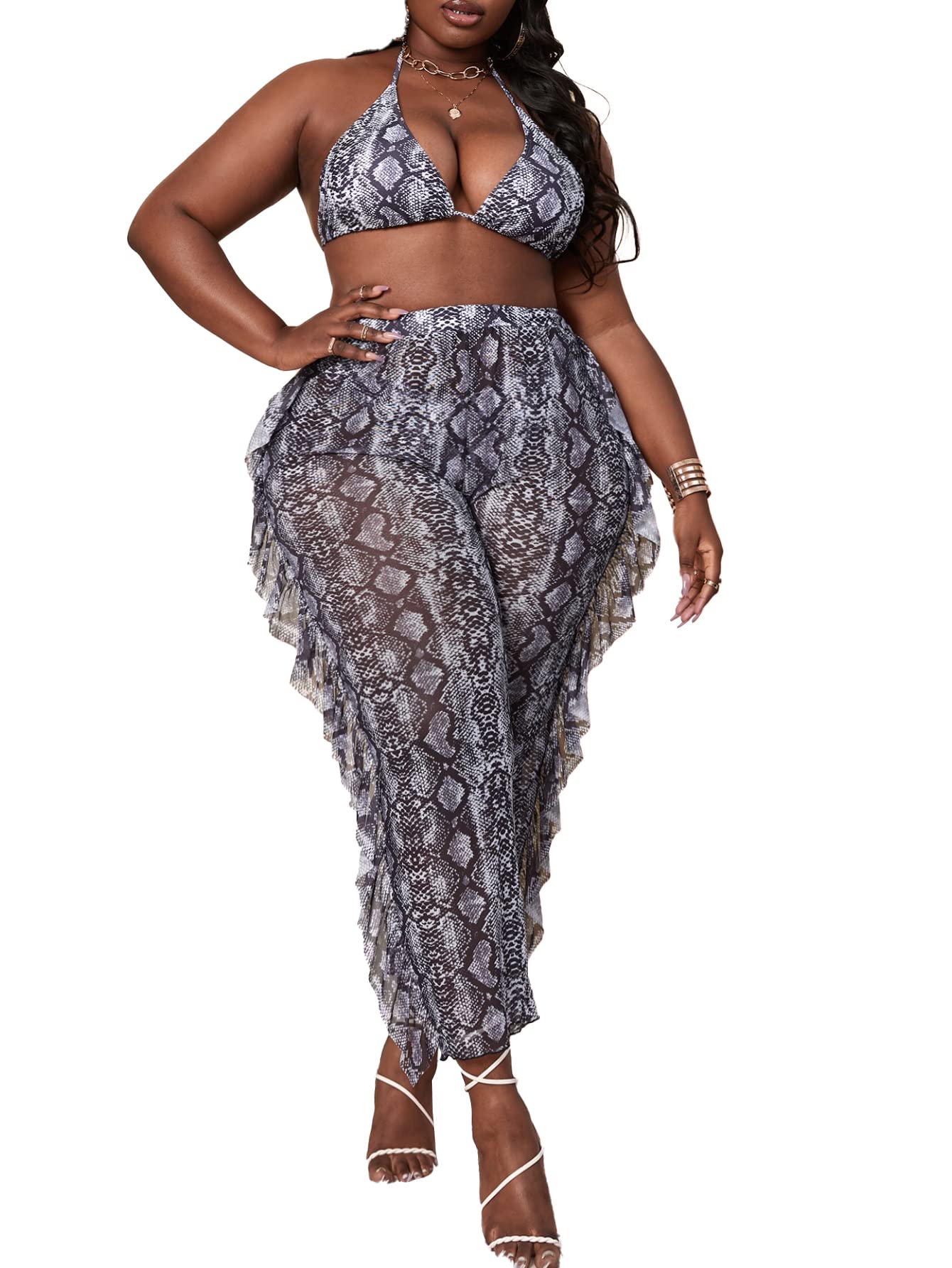 MakeMeChic Women's Plus Size 3-Piece Self-Tie Bikini Swimsuit Set with Cover-Up Pants | Flattering Swimwear for Curvy Women | Beach Vacation, Pool Party & Summer Getaway