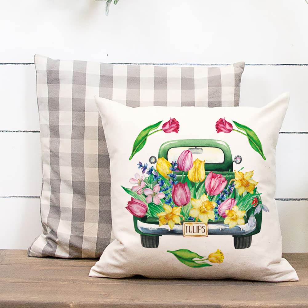JOJOGOGO Waterproof Outdoor Spring Pillow Covers 18x18 Inch Set of 4 - Easter Floral Decorative Cushion Covers for Patio Furniture, Garden, Porch & Seasonal Home Decor