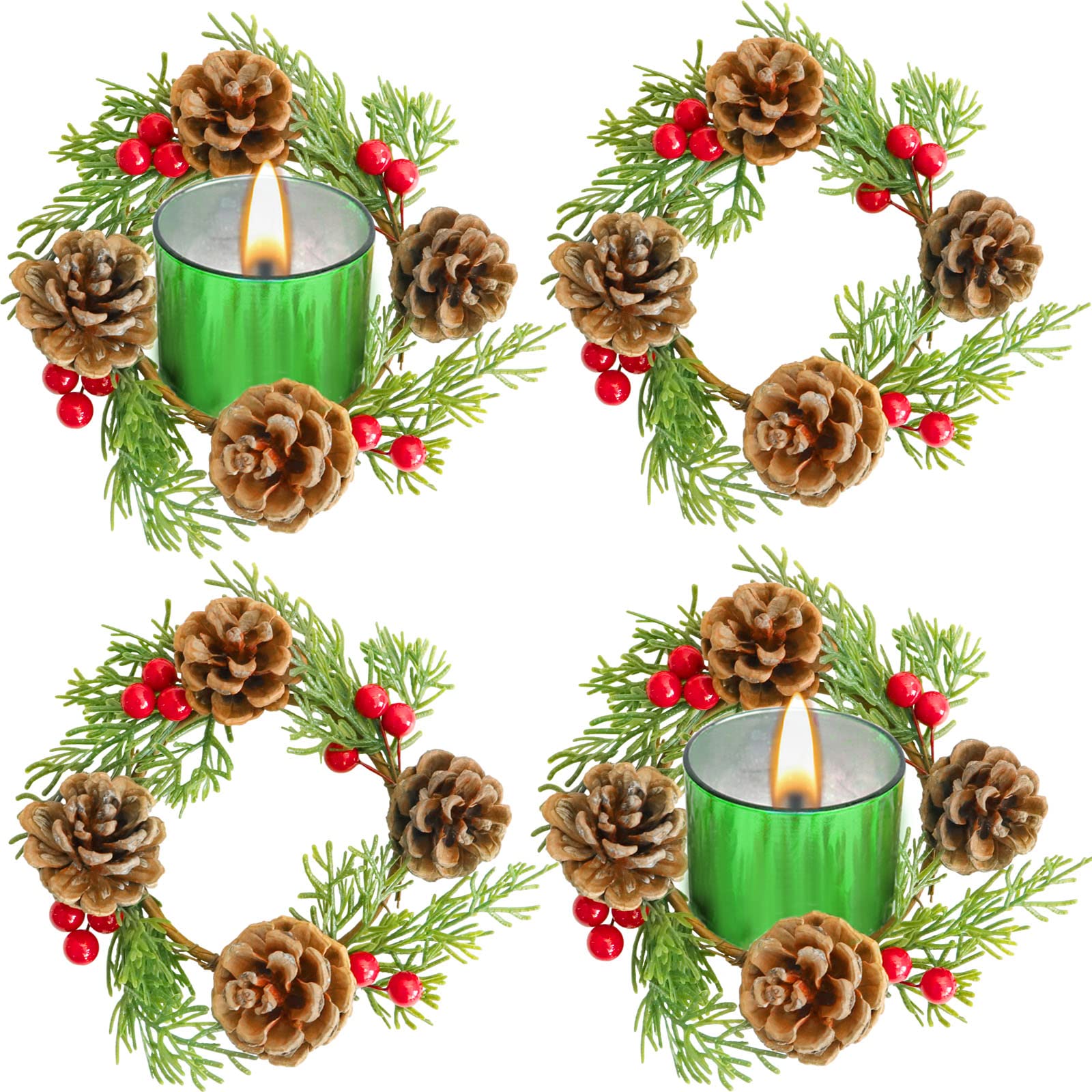 4 Pcs Christmas Candle Rings Wreaths - Artificial Pine Cones & Leaves Mini Wreaths Decor (3