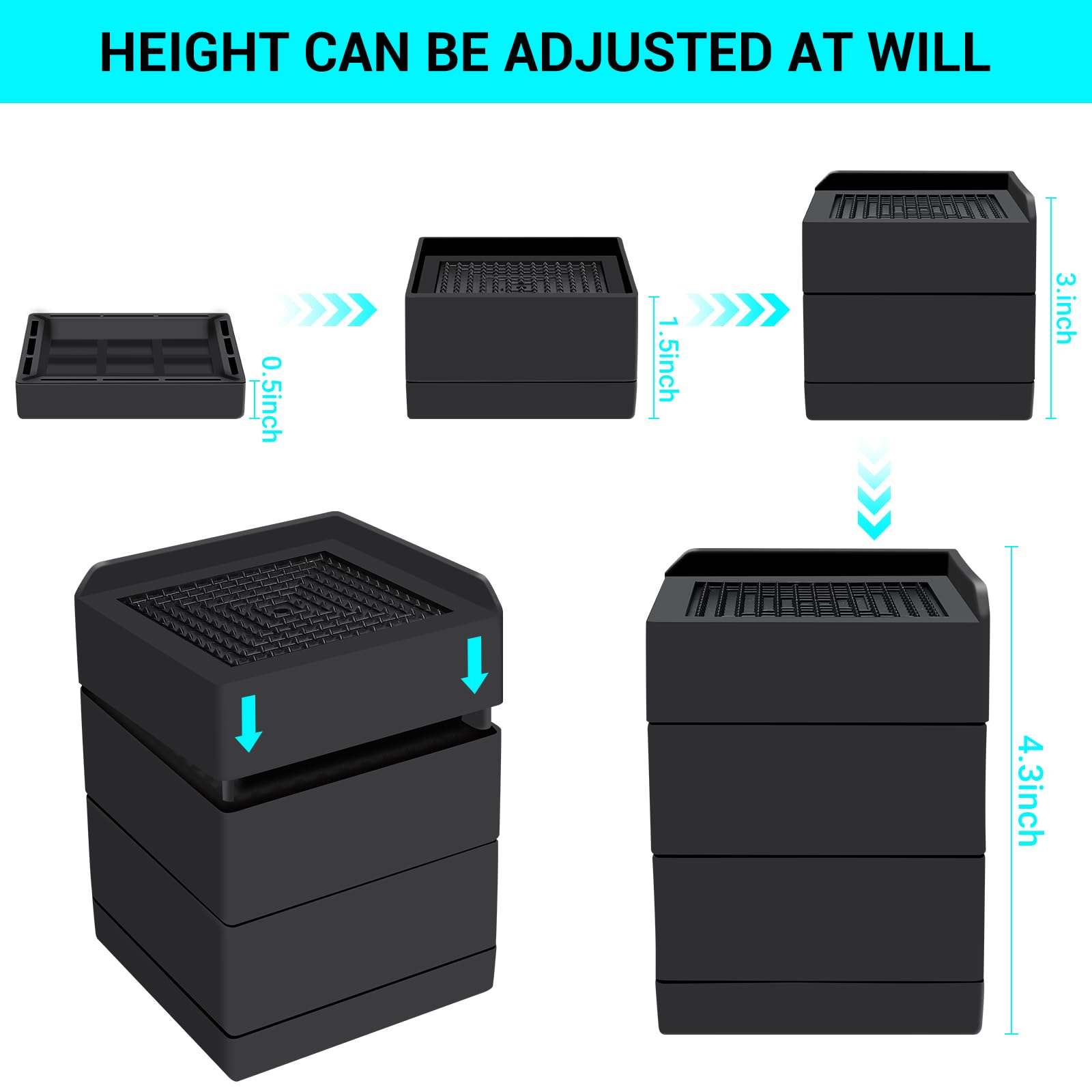 8 Pack Heavy Duty Adjustable Plastic Bed Risers - 2 or 4 Inch Furniture Risers with Non-Slip Mats for Bed, Desk, Sofa - Perfect for Dorm Rooms, Home Office & Small Space Furniture Elevation