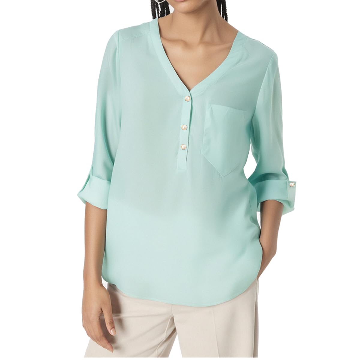 Elegant Women's V-Neck Long Sleeve Chiffon Blouse - Flowy Dressy Casual Top for Work, Office & Evening Out | Perfect for Business Attire, Date Night & Special Occasions