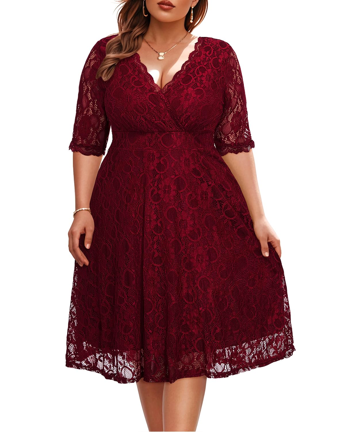 Plus Size Women's Lace Wrap V-Neck Knee Length Dress for Wedding Guest, Cocktail Party & Semi-Formal Occasions | Elegant & Comfortable for Bridal Shower, Evening Events & Special Occasions