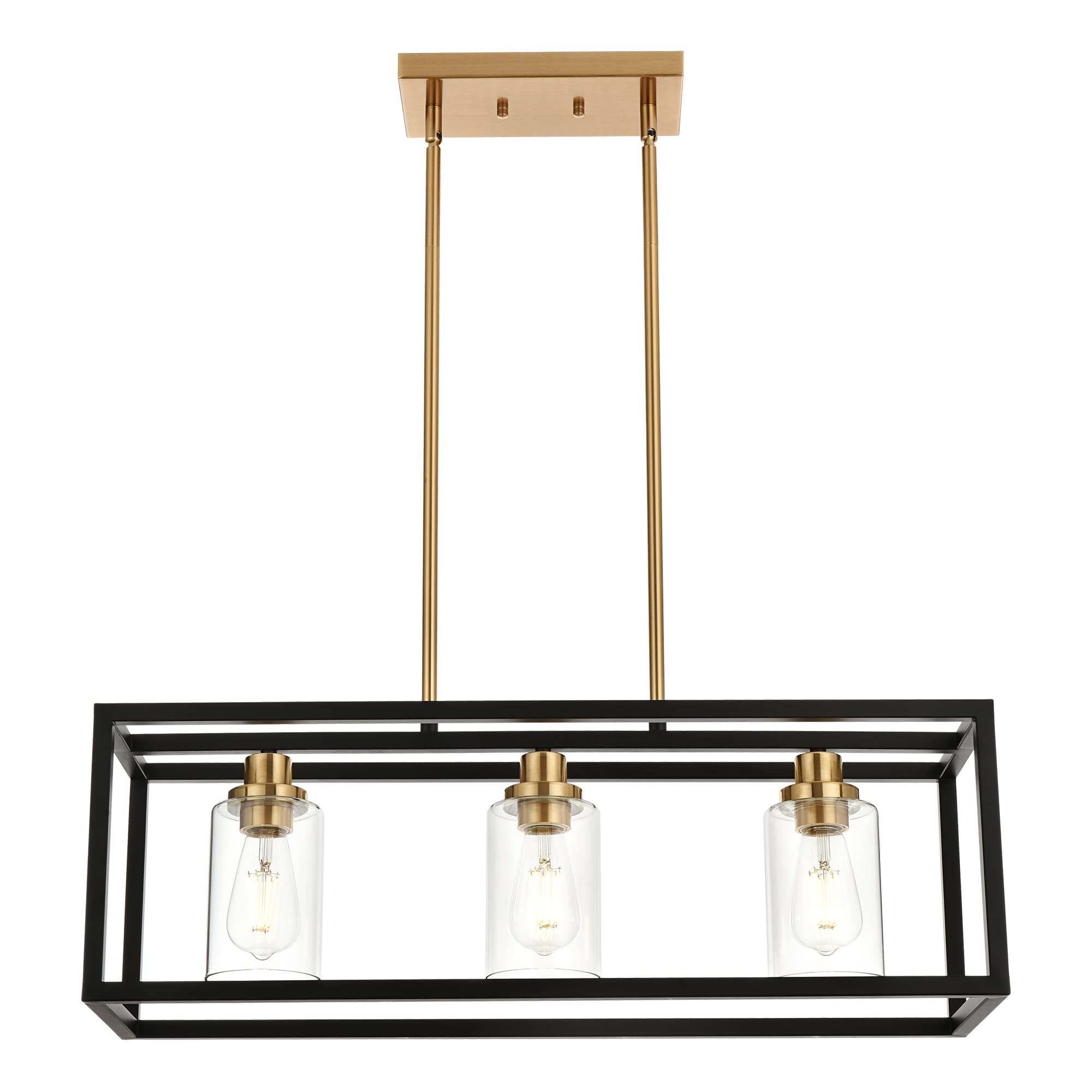 Modern Black Rectangle 3-Light Linear Pendant Chandelier - Kitchen Island Lighting with Clear Glass Shade & Brass Socket, E26 Base - Perfect for Dining Room, Kitchen Counter, and Breakfast Nook Lighting
