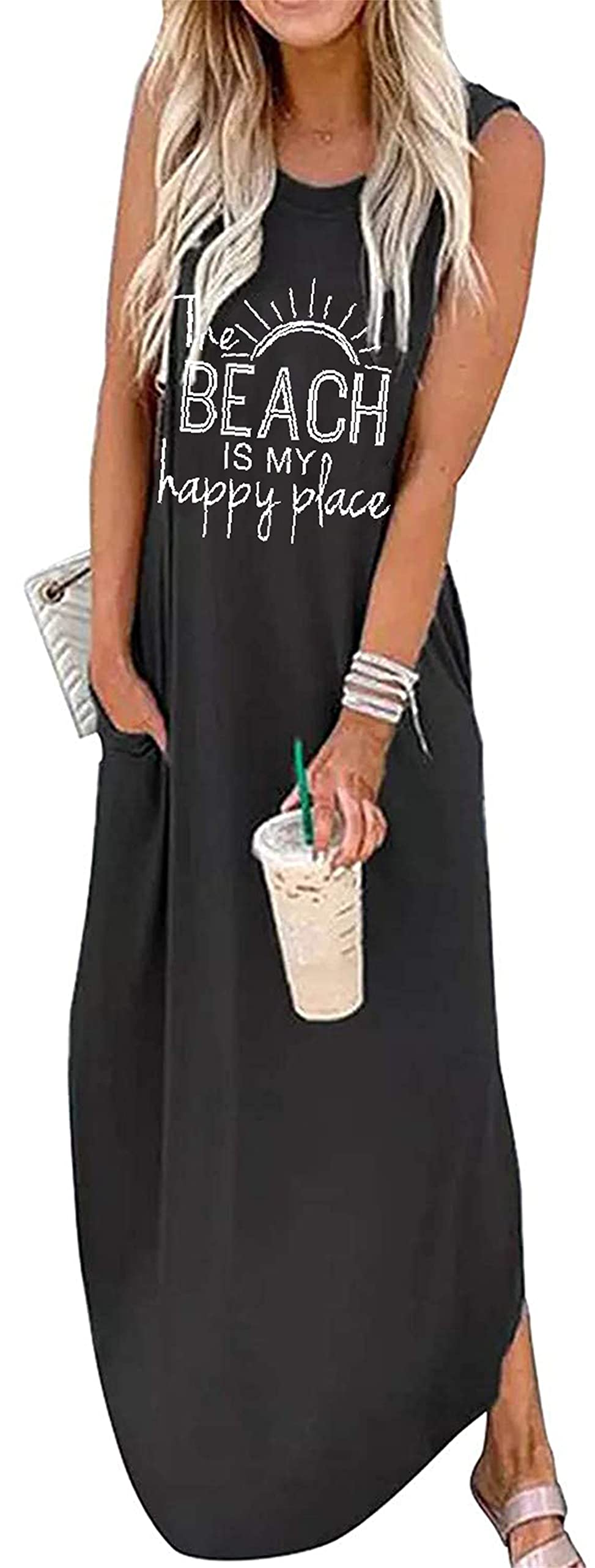 Women's Sleeveless Floral Print Summer Beach Dress - Casual Long Sundress with Pockets for Vacation, Pool Party & Boho Outfit
