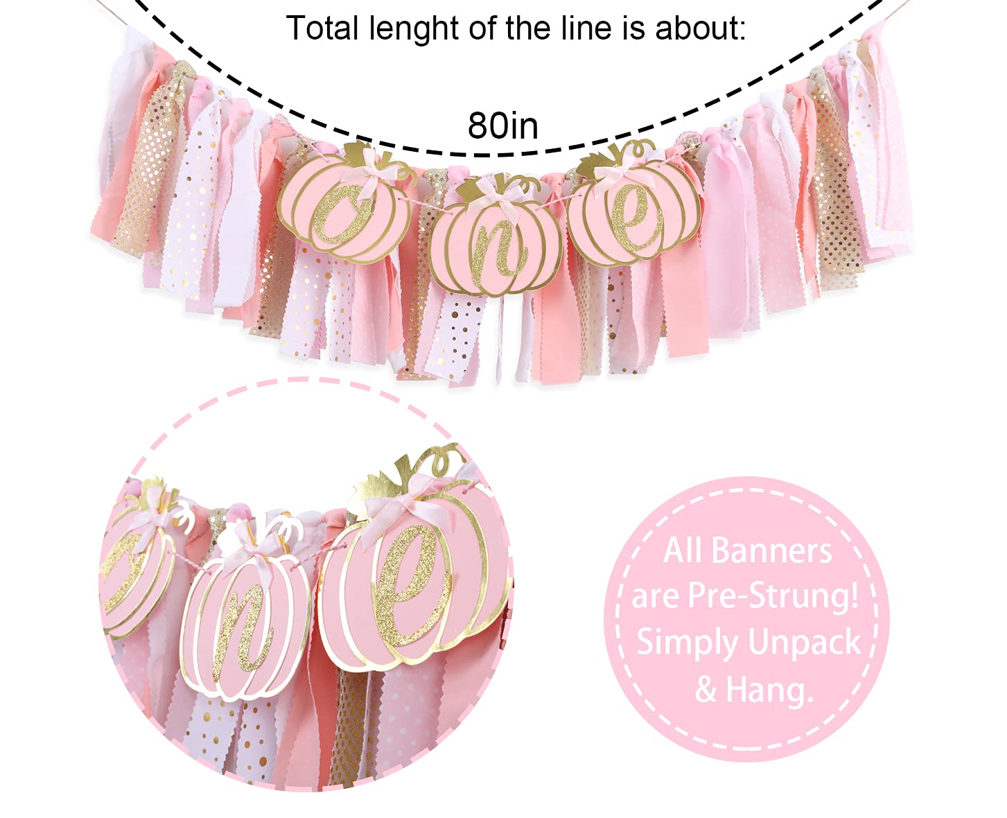 Pumpkin Highchair Banner for 1st Birthday - Pink Gold First Birthday Decor, Baby Girl Shower Party Supplies | Perfect for Fall Birthday Celebrations, Pumpkin-Themed Nursery Decor & Photoshoot Backdrops