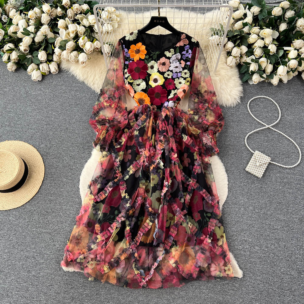 French Retro Round Neck Long Sleeve 3D Floral Embroidered Mesh Fluffy Dress for Women 475 - Elegant Vintage Party Gown for Weddings, Dinners & Special Occasions