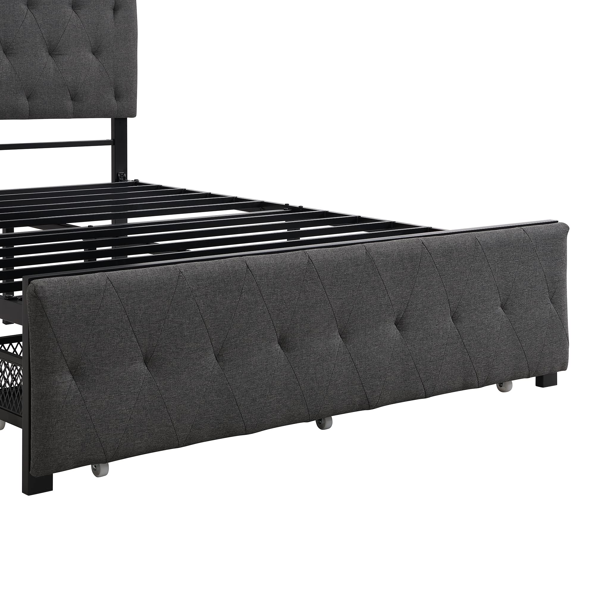 Knocbel Full Size Metal Platform Bed Frame with Linen Upholstered Headboard & Storage Drawers - 13 Heavy Duty Slats, No Box Spring Needed - Sturdy Mattress Foundation for Bedroom, Guest Room, Dorm - Easy Assembly Modern Bed Frame with Underbed Storage