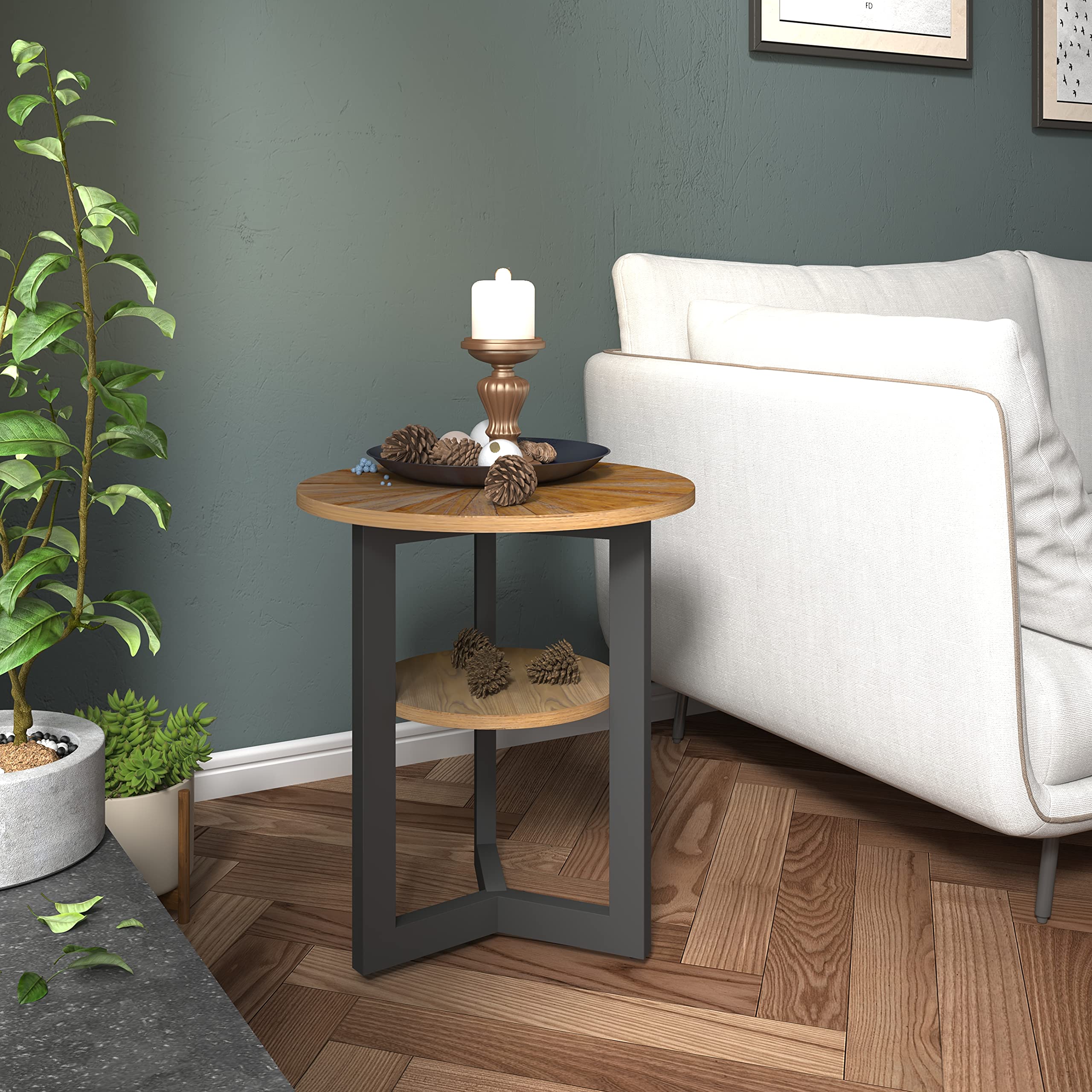 LEEMTORIG 2-Tier Round Side Table with Metal Legs - Modern Nightstand & Couch Table for Living Room, Bedroom, Office - Rustic Natural/Black Finish - 19.3