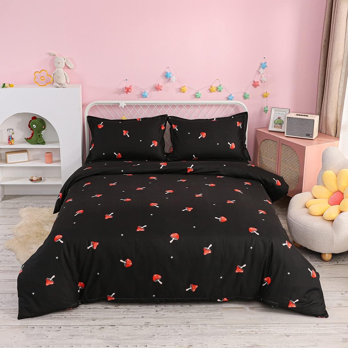 Cute Mushroom Duvet Cover Twin Size - Kawaii Cartoon Bedding Set with Red Mushroom Print - Farmhouse Botanical Comforter Cover for Kids Room - Soft Zipper Closure (Black) - Perfect for Nursery, Children's Bedroom & Cozy Farmhouse Decor