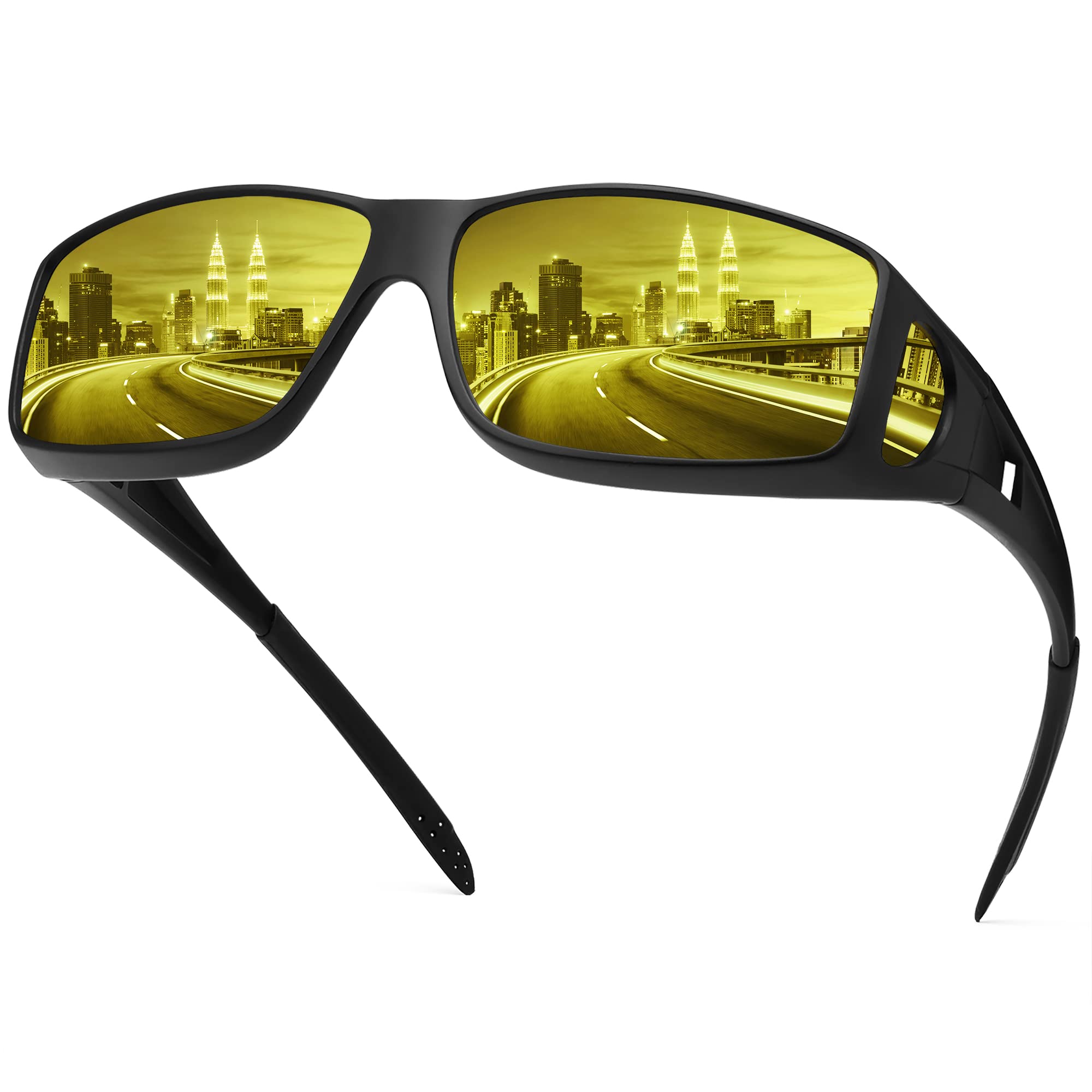 Night Driving Glasses for Men & Women - HD Polarized Anti-Glare Fit Over Prescription Glasses, Wrap Around Safety Eyewear for Better Night Vision - Perfect for Evening Commutes, Road Trips & Low Light Conditions