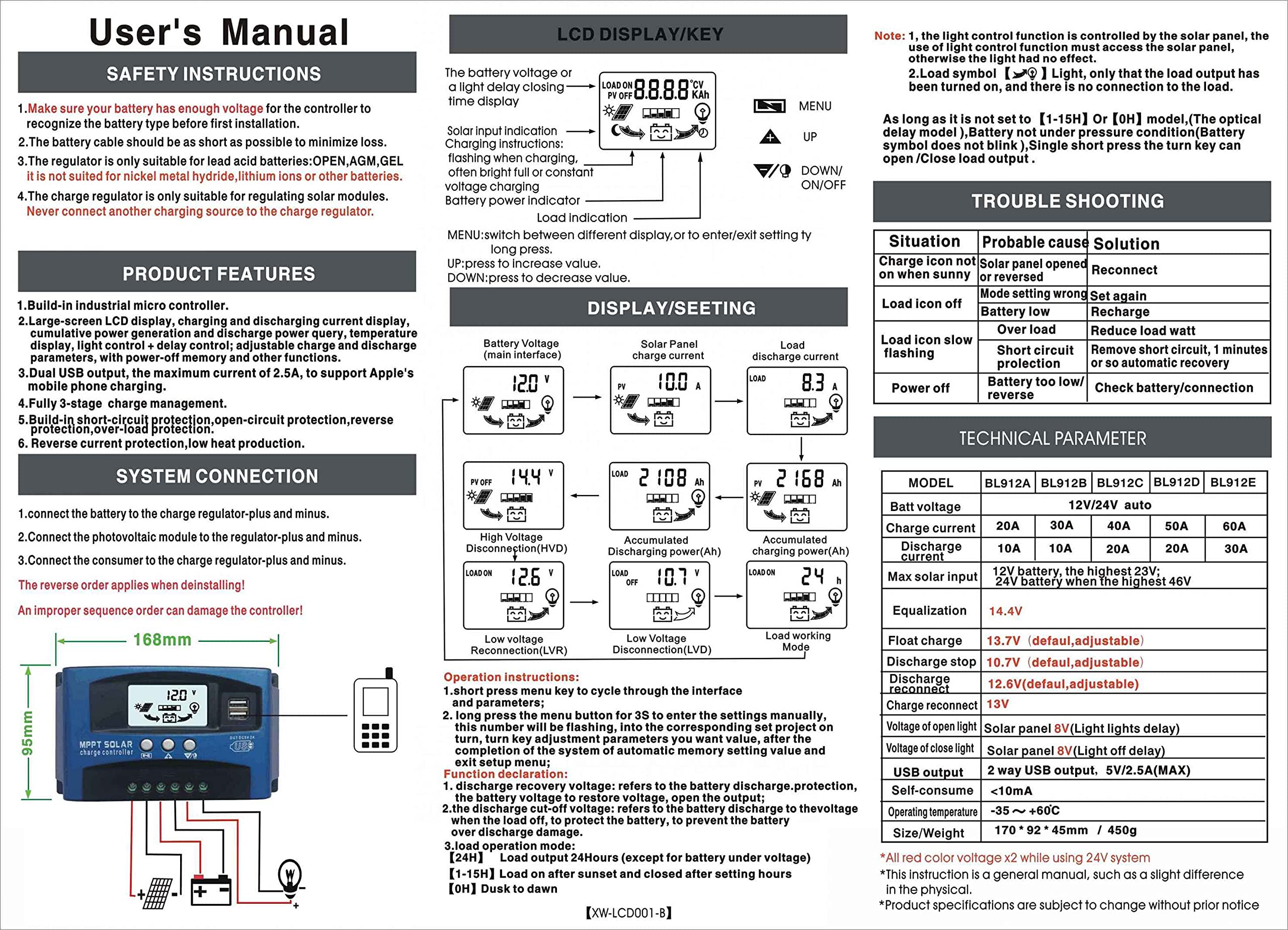 50A MPPT Solar Charge Controller with Dual USB & LCD Display - Auto Solar Panel Charger Regulator for RV, Boat, Off-Grid Power System