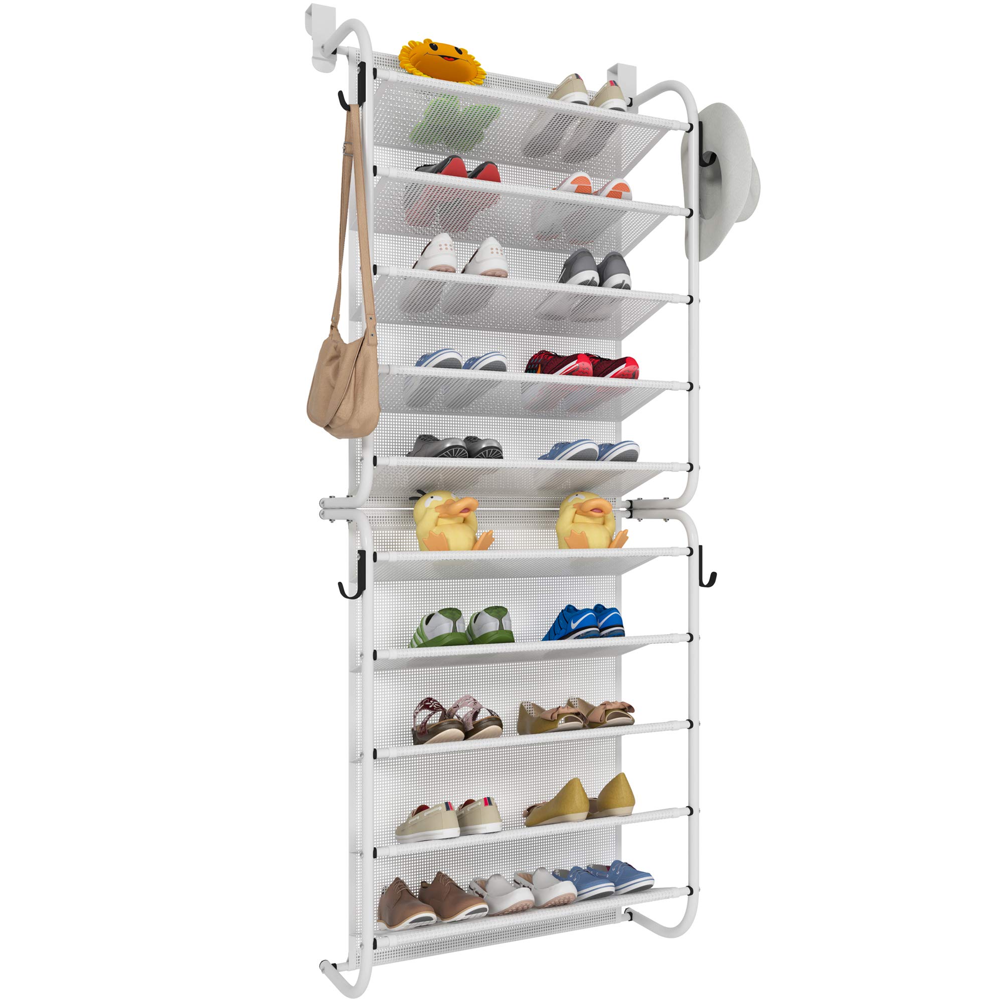 TZAMLI 10-Tier Over The Door Shoe Rack - Space Saving Hanging Shoe Organizer with Strong Metal Hooks for Closet, Bedroom, Dorm - Durable Shoe Storage Shelf (10 Tier, X-White) - Perfect for Small Spaces & Shoe Collection Organization