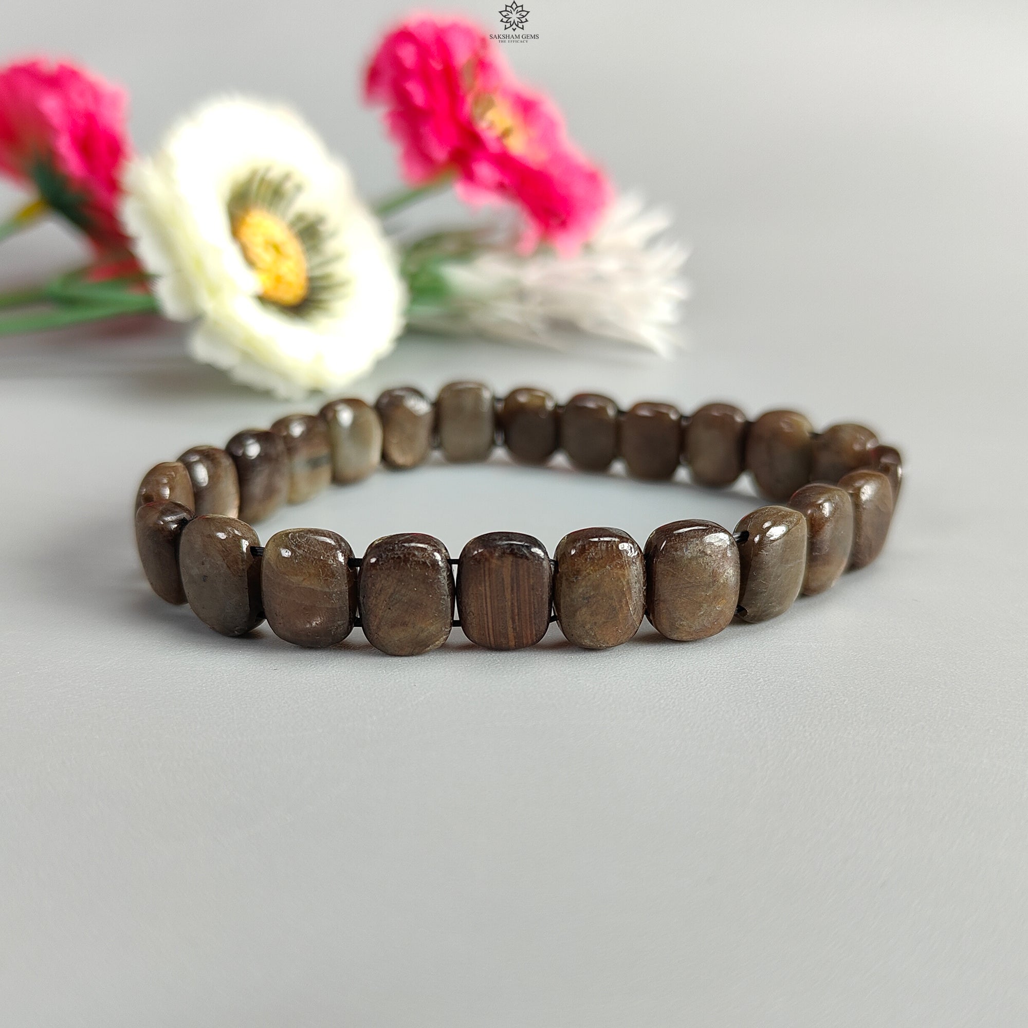 Natural Golden Brown Chocolate Sapphire Beads Bracelet - 106.95cts Untreated Cushion Cut Stretchable Beaded Bracelet (10x8mm, Size 7) for Women's Fashion, Boho Jewelry & Special Occasion Gifts