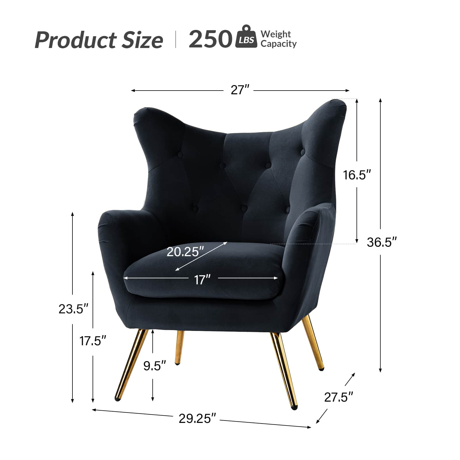 Luxury Isabelle Wingback Velvet Upholstered Armchair - High Back Accent Chair with Sturdy Metal Legs for Living Room, Bedroom & Office Decor