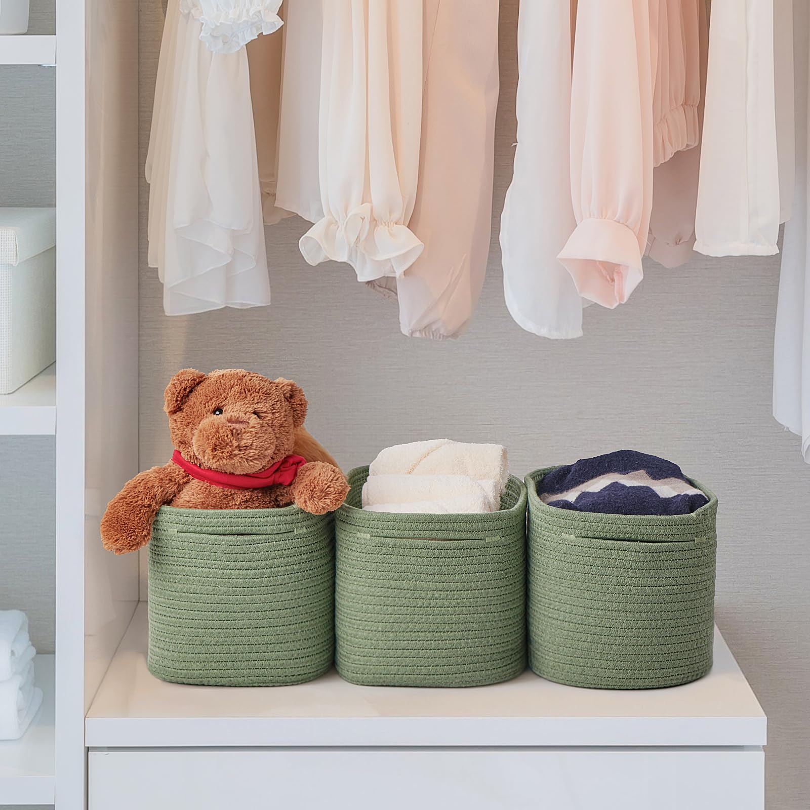 Eco-Friendly Woven Storage Baskets Set of 3 - Cotton Rope Organizer Bins for Cube Shelf, Closet & Toy Storage | Durable, Skin-Friendly Home Decor | Perfect for Nursery, Bathroom & Living Room Organization