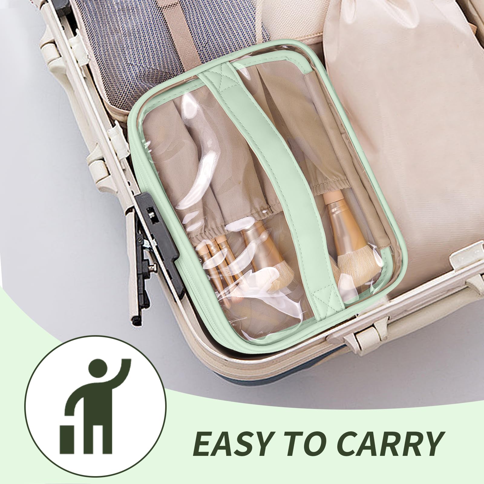 Waterproof Clear Makeup Bag for Women - TSA Approved Travel Cosmetic Organizer with Handle | Portable Toiletry Bag for Cosmetics, Skincare & Travel Essentials | Perfect for Airports, Gym & Weekend Getaways (Green)