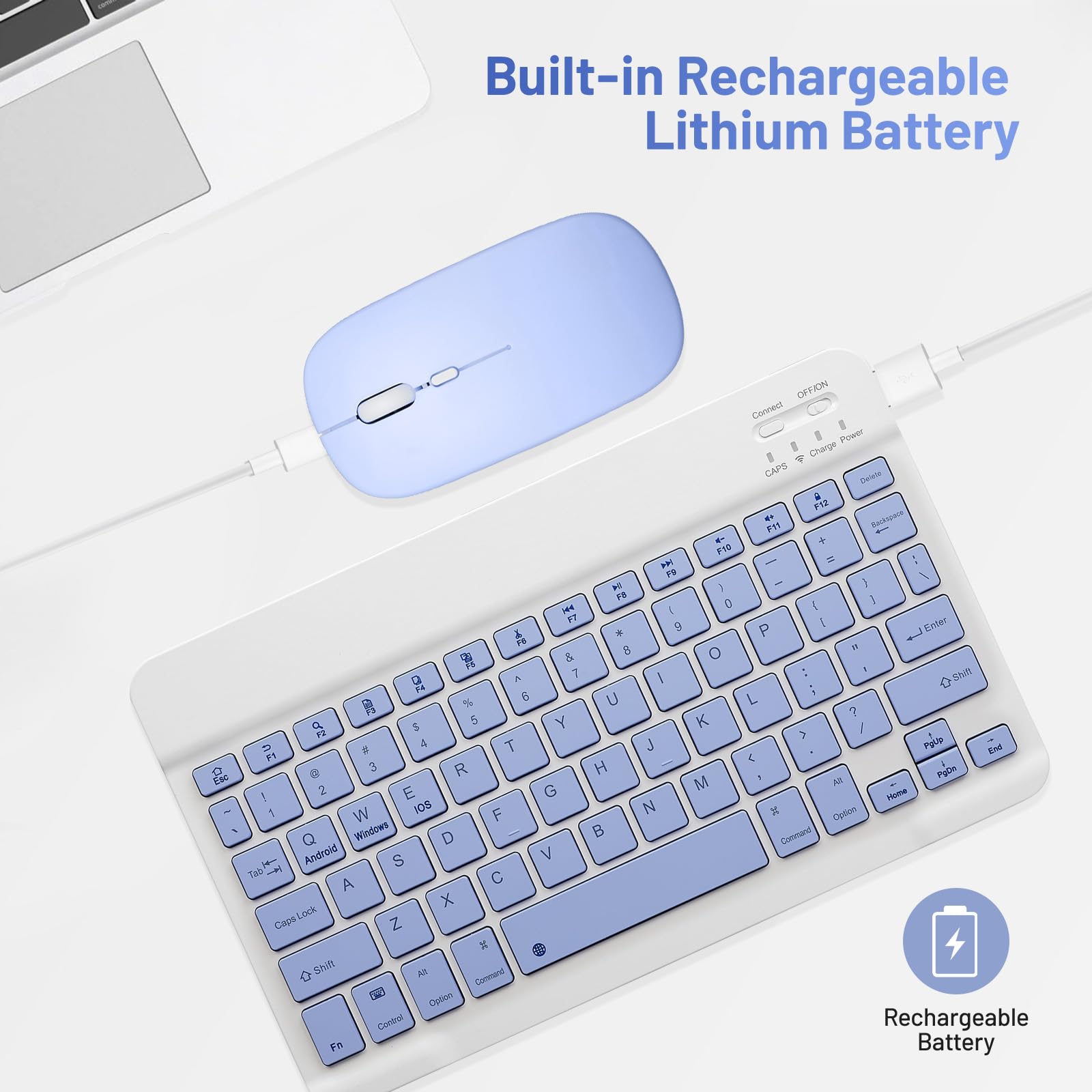 Rechargeable Bluetooth Keyboard and Mouse Combo - Wireless Portable Set for Apple iPad/iPhone (iOS 13+), Samsung Tablet, Android & Windows Devices (10-inch, Purple) - Perfect for Home Office, Remote Work & Travel