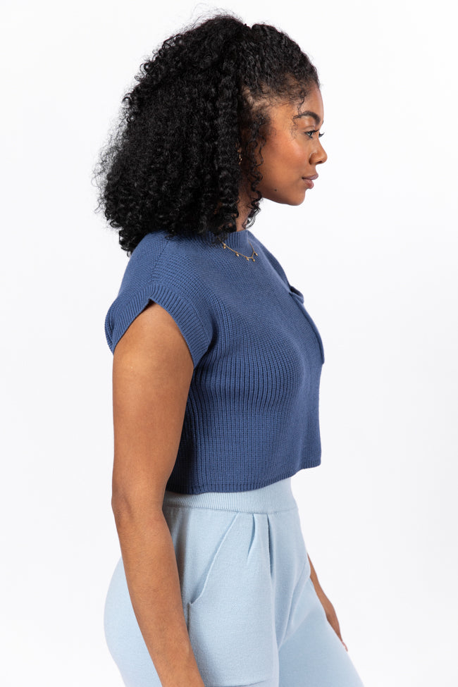 Navy Blue Short Sleeve Pocket Sweater for Women | Casual Comfort Pullover | Perfect for Office Wear & Weekend Outfits