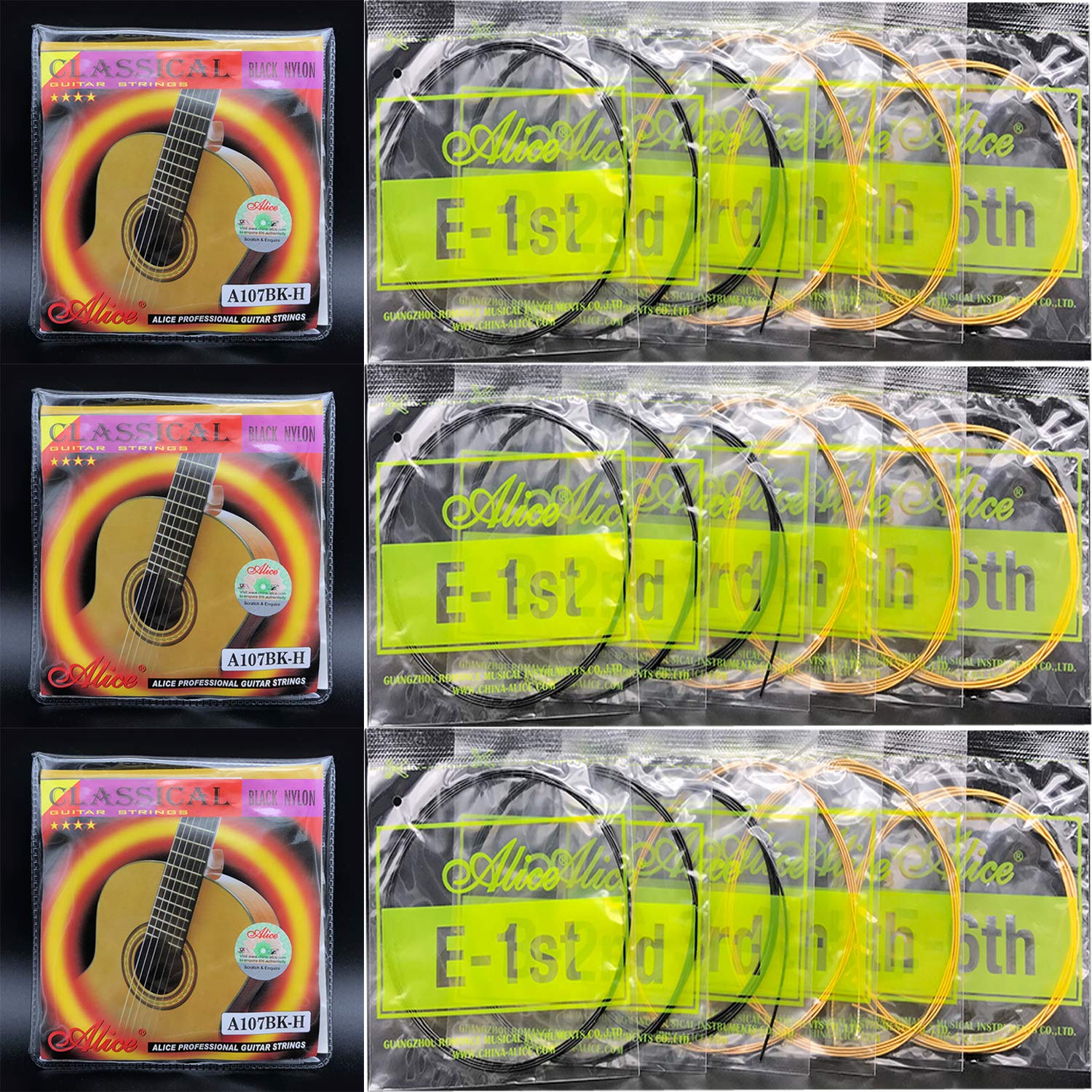 3 Sets Alice A107BK-H Black Nylon Gold Plated Guitar Strings - Classical Hard Tension (.0285-.044) for Acoustic Guitar - Perfect for Performances & Practice Sessions