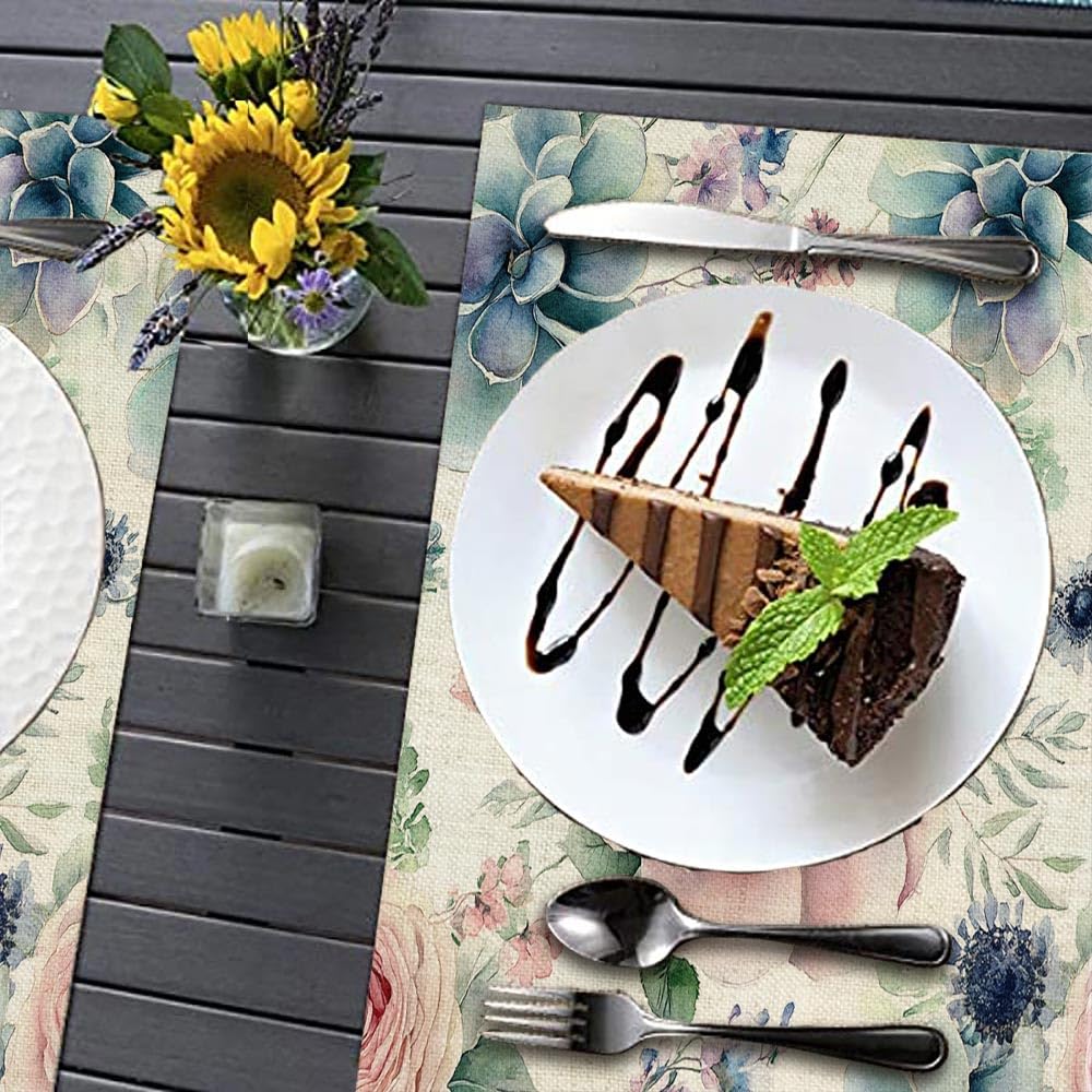 Blue Flower Placemats Set of 4 - 18x12 Inch Washable Table Mats for Kitchen Dining, Decor, Parties & Everyday Use