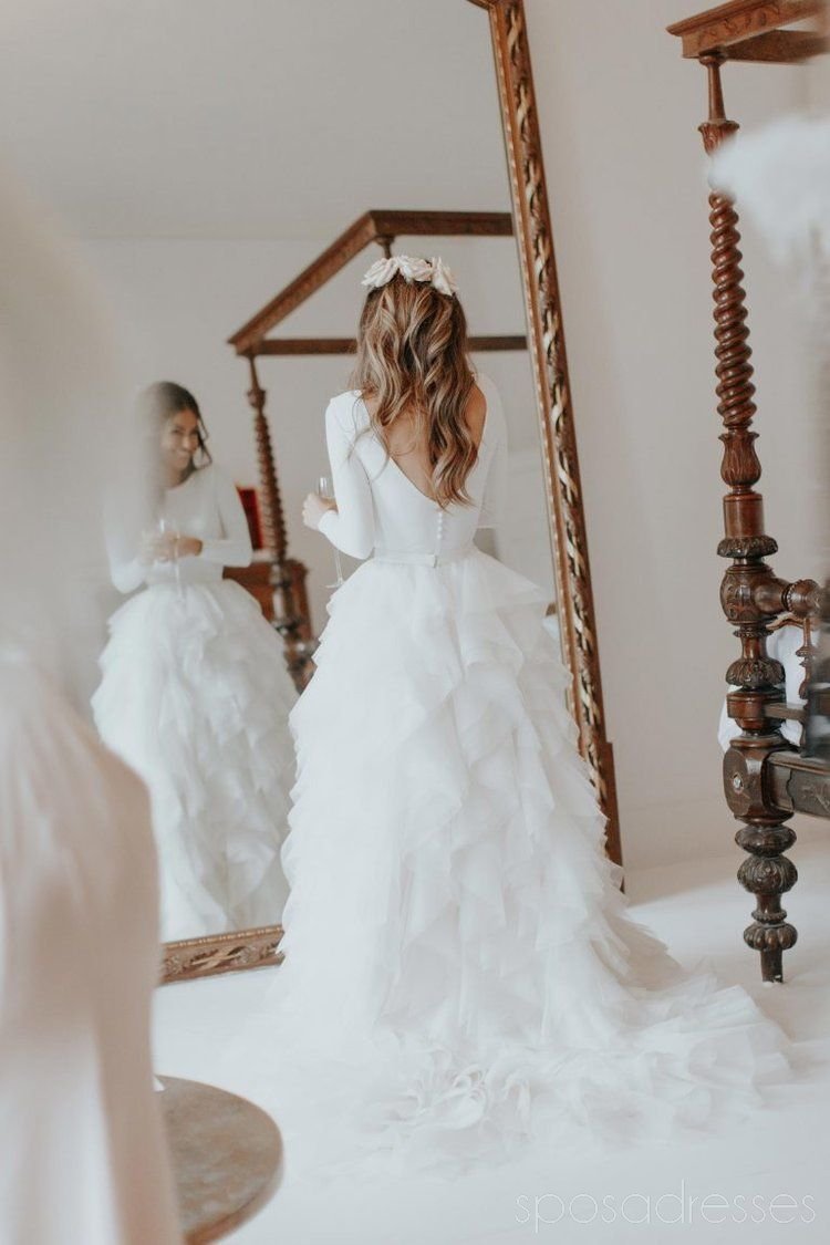 Elegant Long Sleeve Ruffle Organza Wedding Dress with Lace Details - Romantic Bridal Gown for Church Ceremony & Beach Weddings - WD482