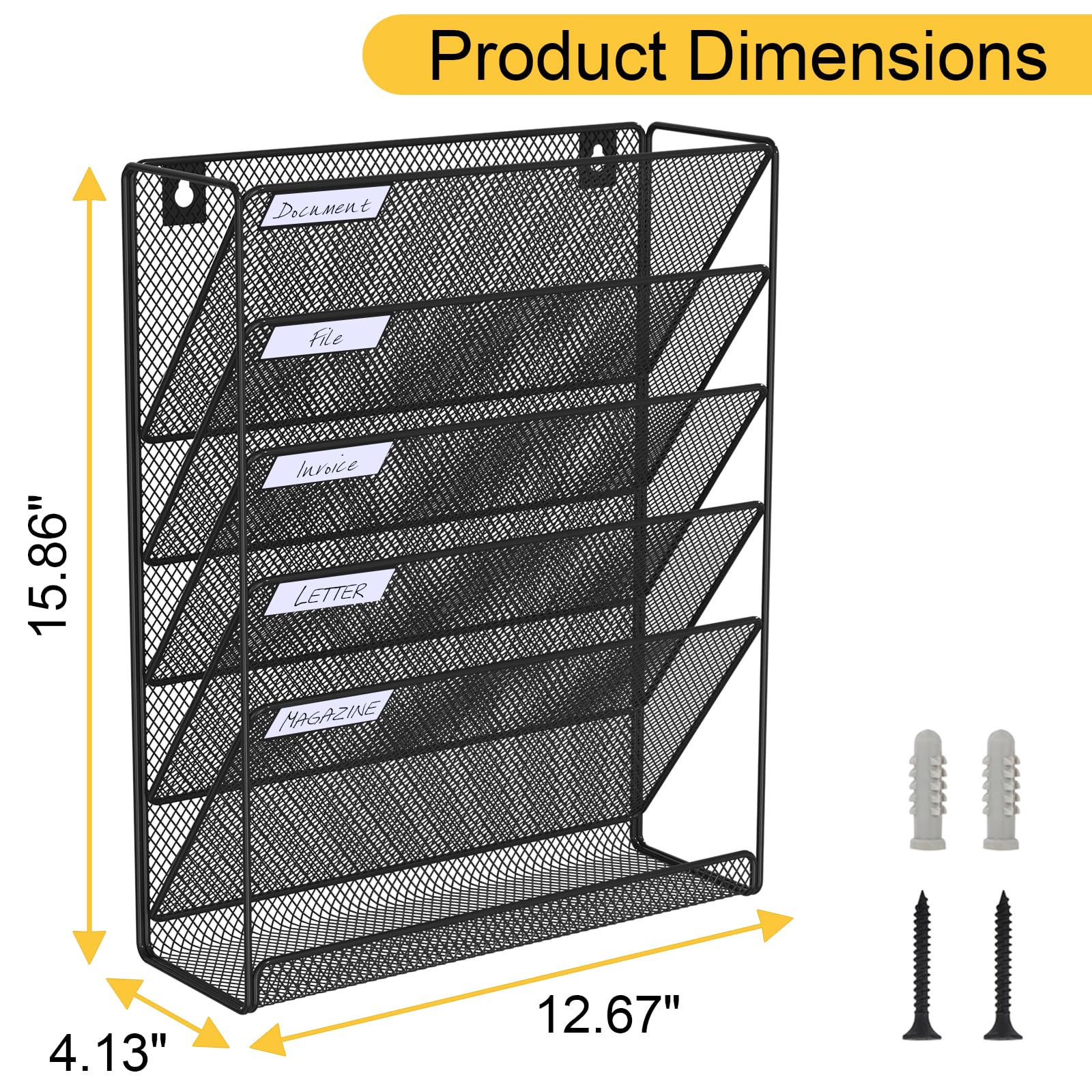 6-Tier Mesh Hanging Folder Organizer - Wall Mount File & Paper Organizer for Office & Home - Black - Perfect for Mail Sorting, Document Storage & Workspace Organization