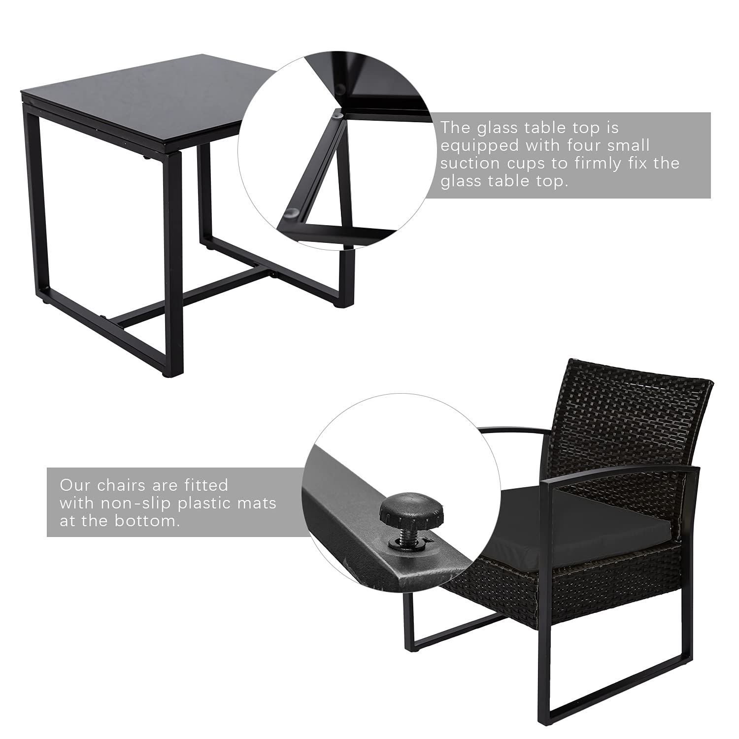 3-Piece Outdoor Patio Furniture Set - Modern Wicker Bistro Set with Rattan Chairs & Coffee Table - Black - Perfect for Garden, Balcony, and Backyard Relaxation