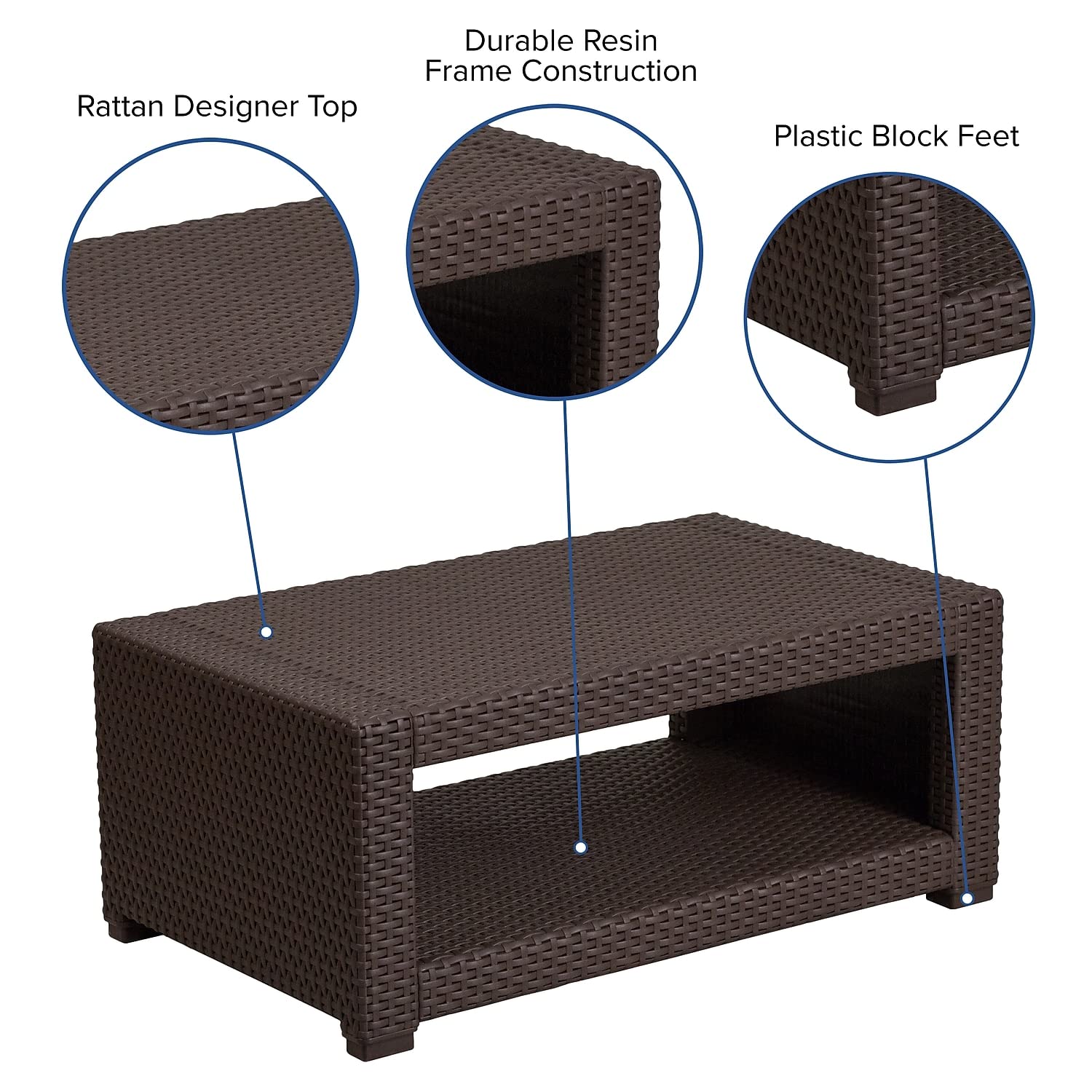 Flash Furniture Seneca Chocolate Brown Faux Rattan Coffee Table - Modern Indoor Outdoor Patio Living Room Decor Accent Table for Home, Garden & Poolside