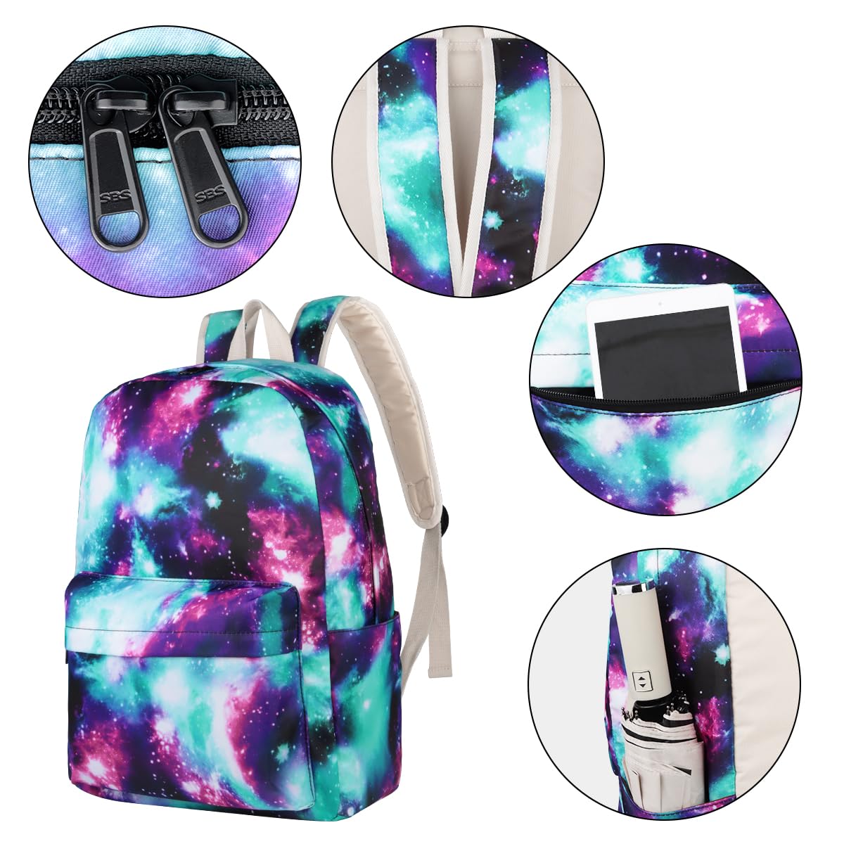 Lightweight School Backpack for Teen Girls & Women - Galaxy Green Bookbag with Lunch Box Set | Durable Daypack for School, College, Travel & Daily Use