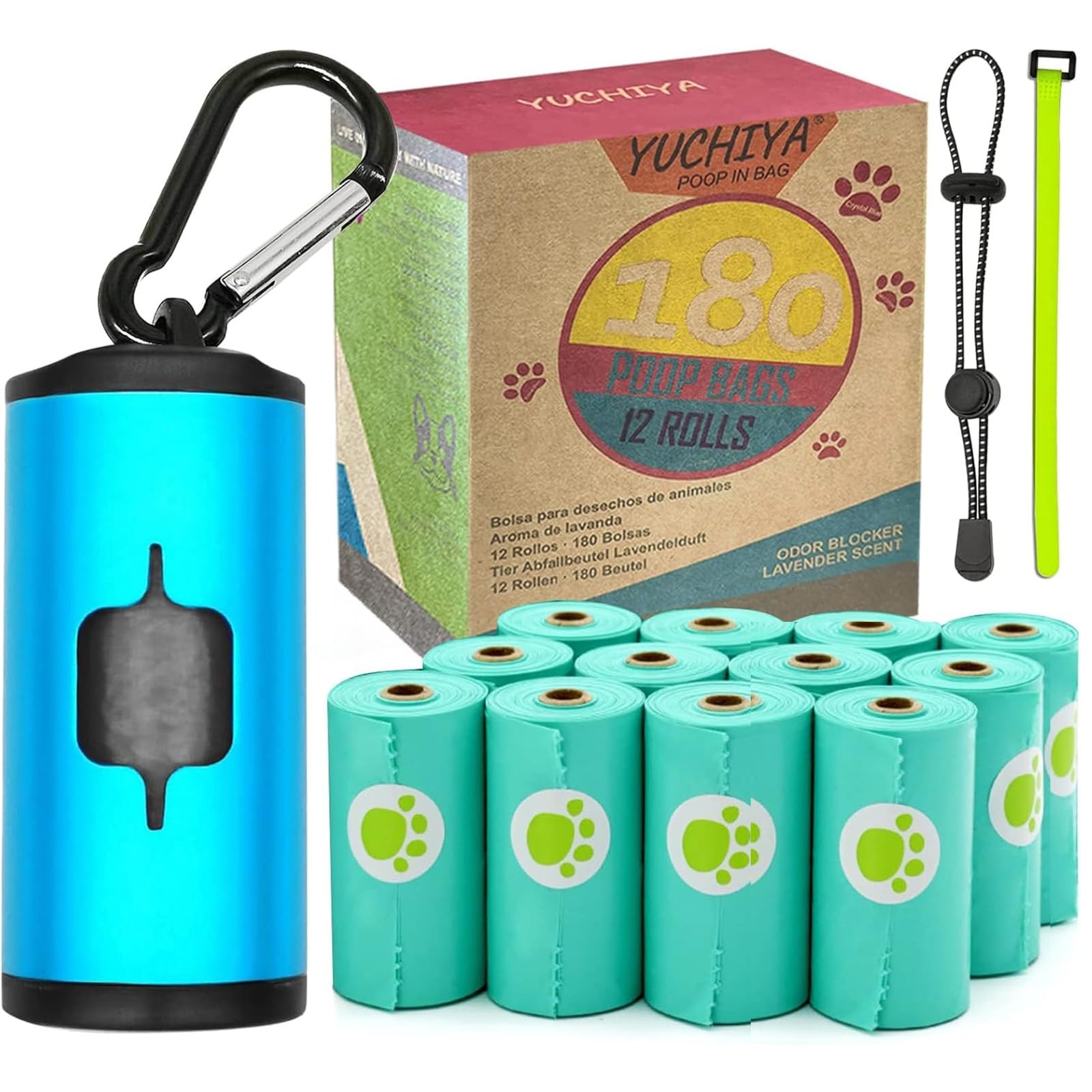 Premium Aluminum Dog Poop Bag Holder with Carabiner - Metal Pet Waste Dispenser with Hook & Loop Fastener, Elastic Cord & 195 Bags (Blue) - Ideal for Walking, Hiking & Outdoor Adventures with Your Dog
