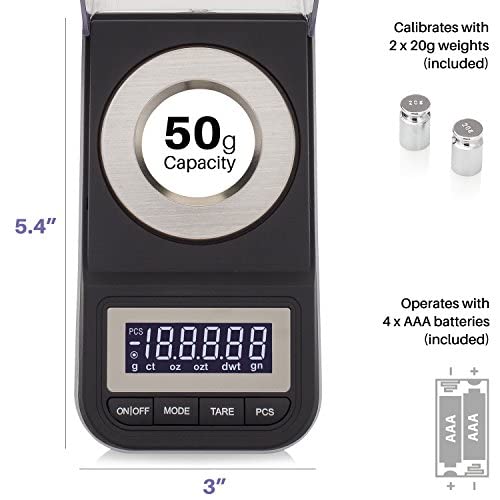 Smart Weigh 50g x 0.001g High Precision Digital Milligram Scale with Tweezers, Calibration Weights & 3 Weighing Pans - Portable Jewelry Scale for Gold, Silver, Diamonds, Medicine & Lab Use - Includes Protective Case